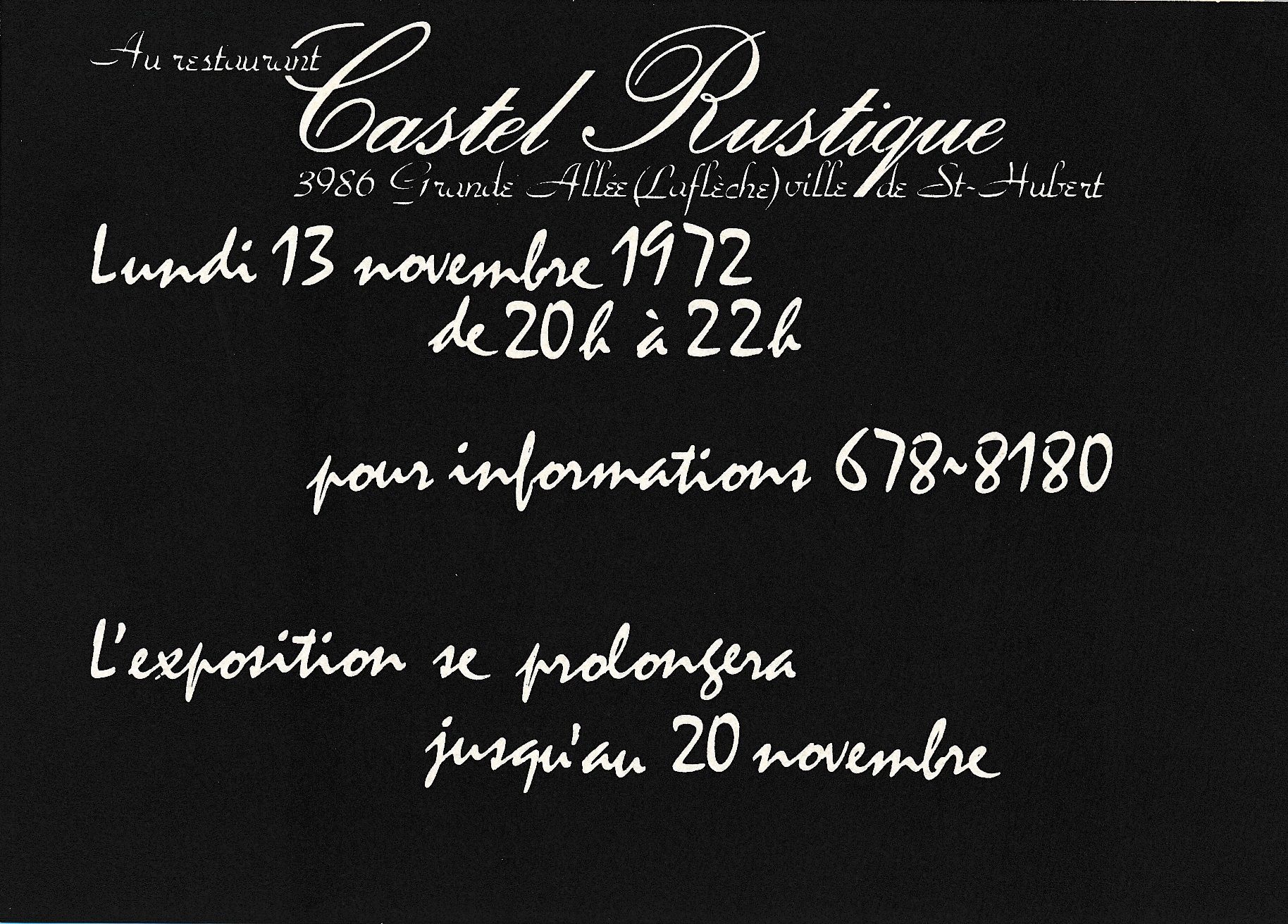 Carton d’invitation de l’exposition Louise Robert, Restaurant Castel Rustique, Longueuil, 1972.