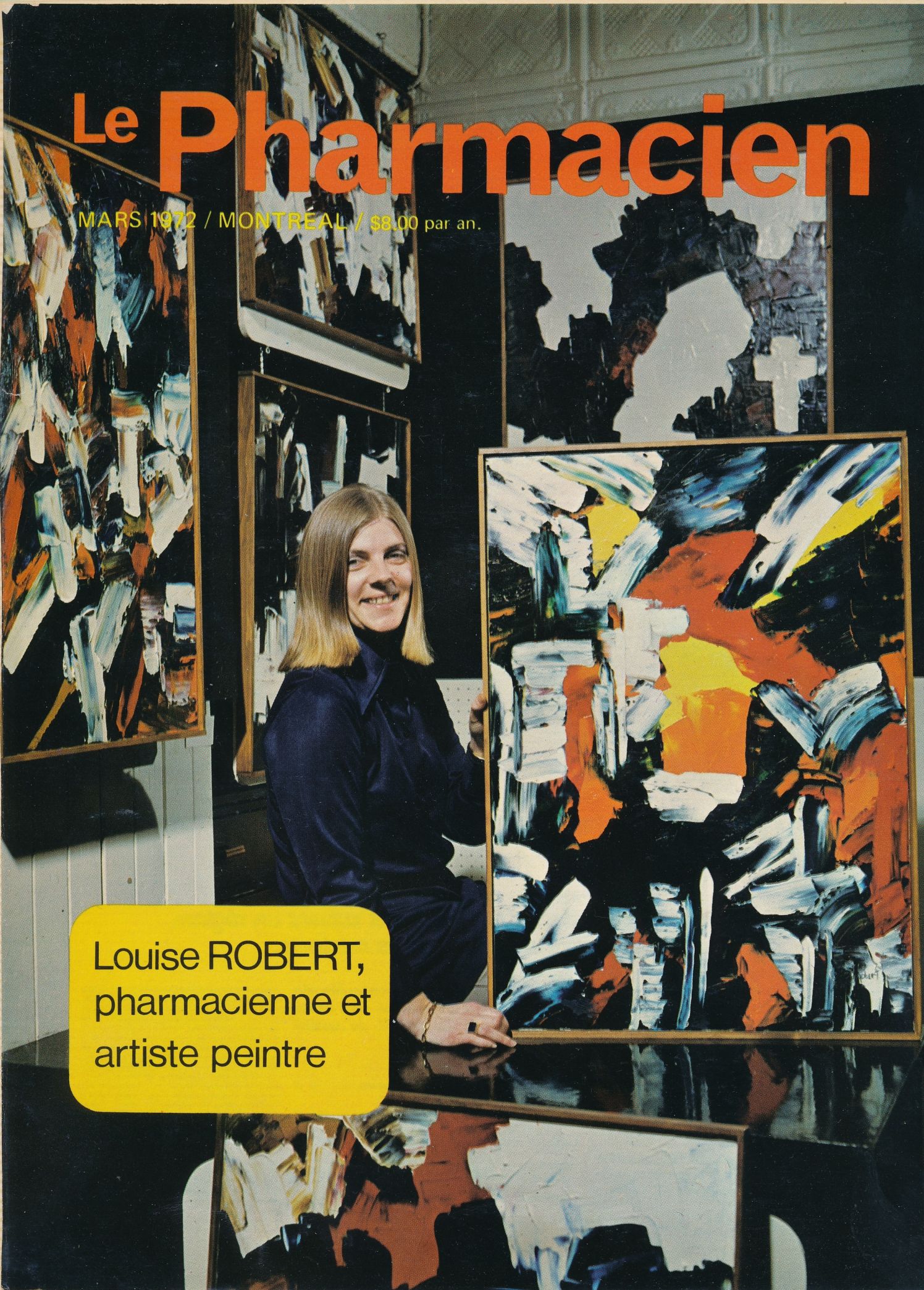 Louise Robert dans son atelier, rue Harvard. Photos parues dans « Louise Robert, pharmacienne et artiste peintre », Le Pharmacien (Montréal), mars 1972.