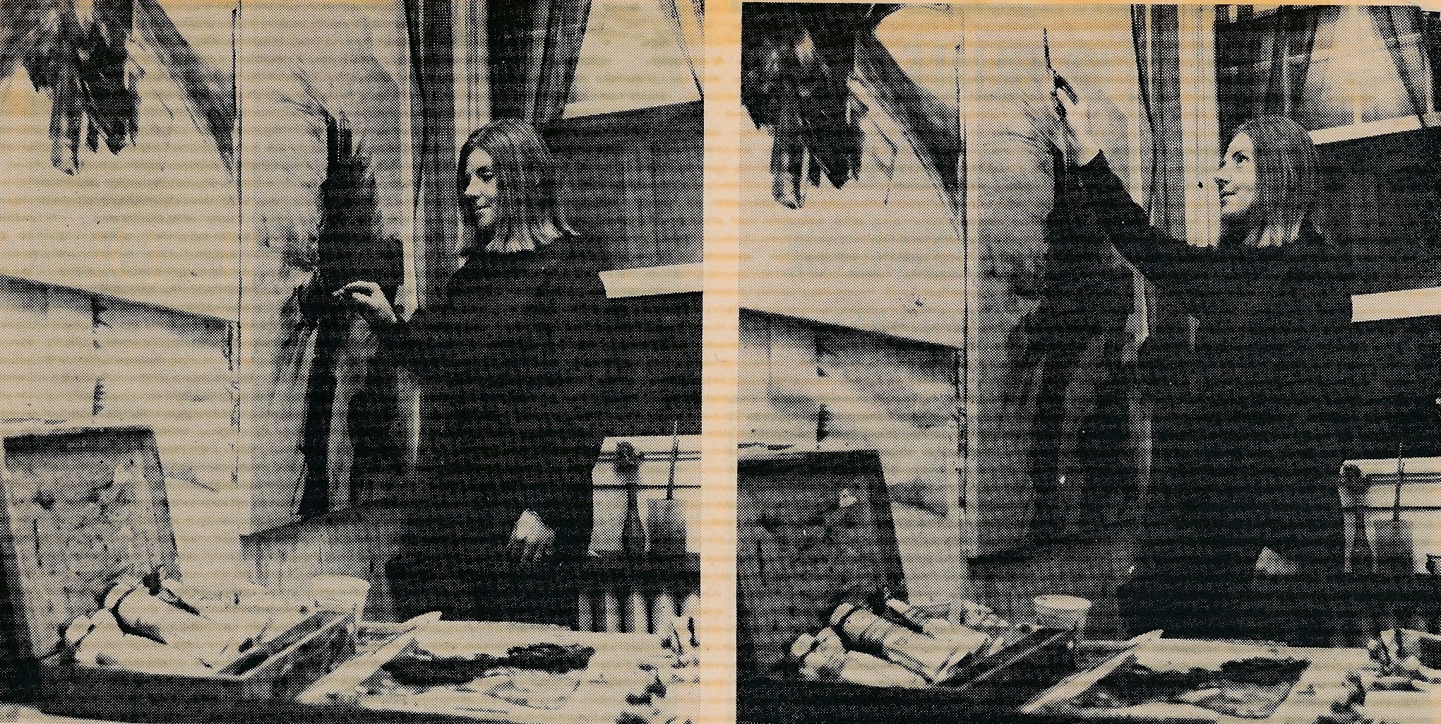 Louise Robert dans son atelier, rue Harvard. Photos parues dans « Louise Robert, pharmacienne et artiste peintre », Le Pharmacien (Montréal), mars 1972.