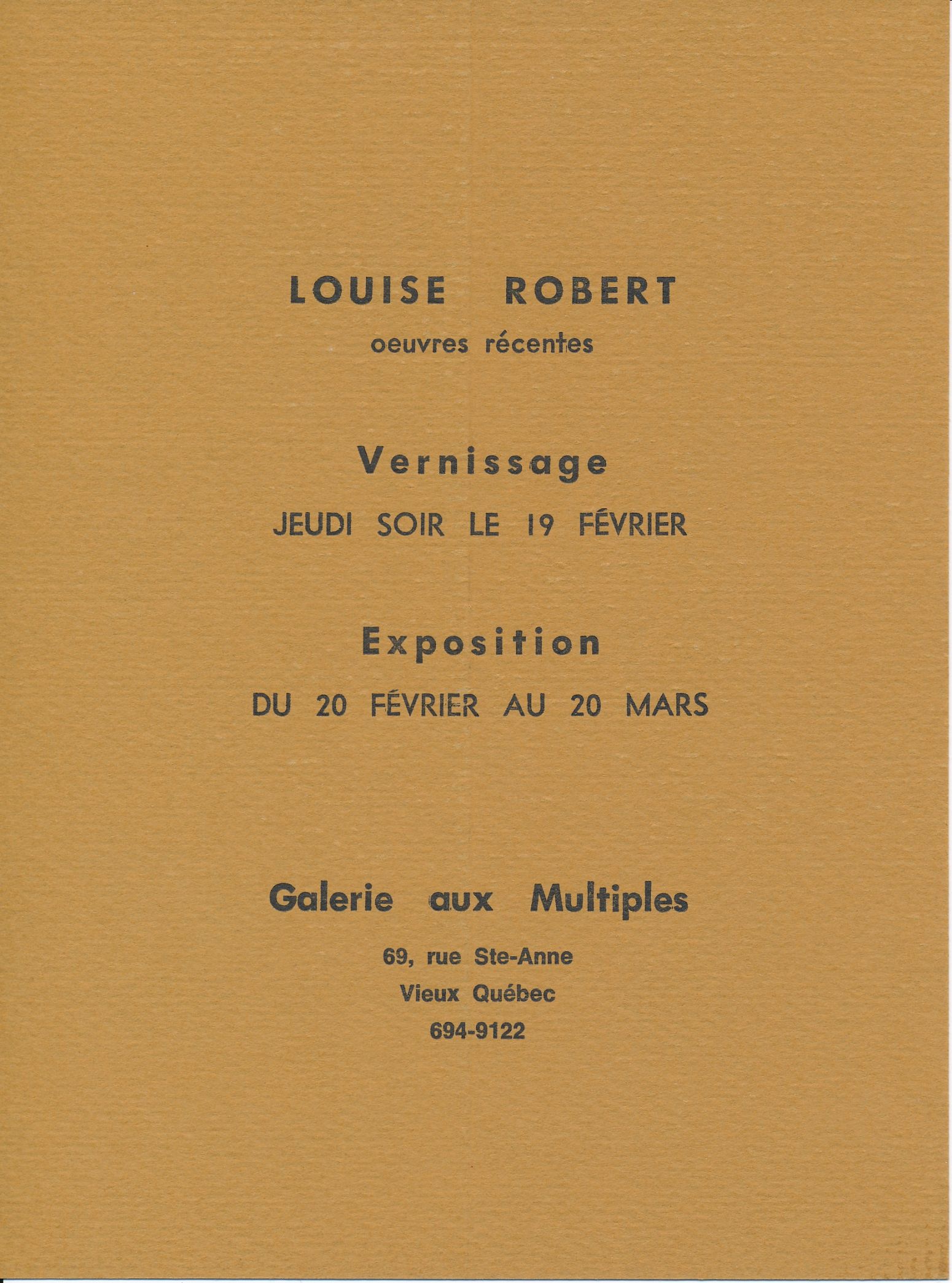 Carton d’invitation de l’exposition Louise Robert. Œuvres récentes, Galerie aux Multiples, Québec, 1976. Verso.