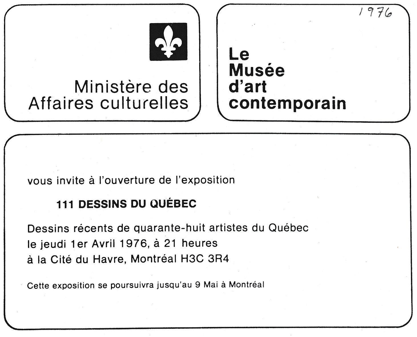 Carton d’invitation de l’exposition Cent-onze dessins du Québec, Musée d'art contemporain de Montréal, 1976.