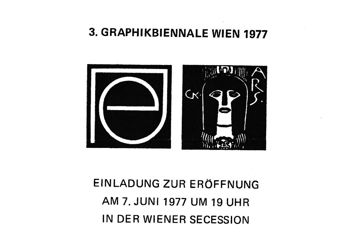 Carton d’invitation de l’exposition IIIe Biennale d'art graphique de Vienne 1977, Musée d'art graphique de l'Albertina, Vienne, Autriche, 1977.