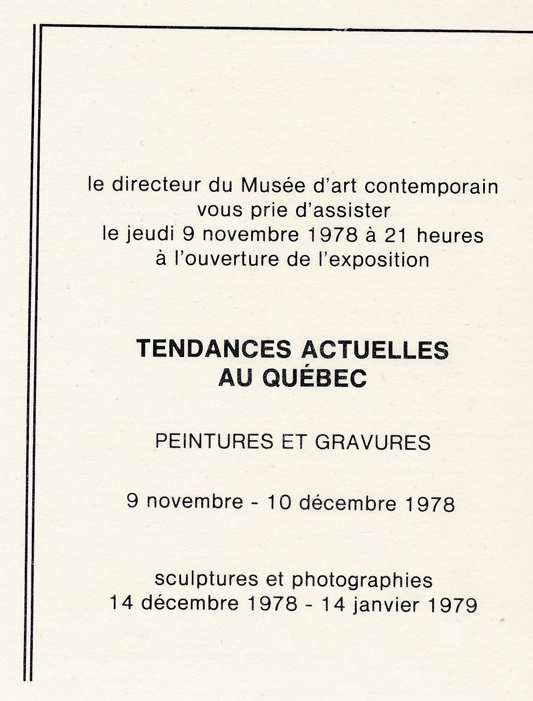 Carton d’invitation de l’exposition Tendances actuelles au Québec. La gravure et la peinture, Musée d'art contemporain de Montréal, 1978.