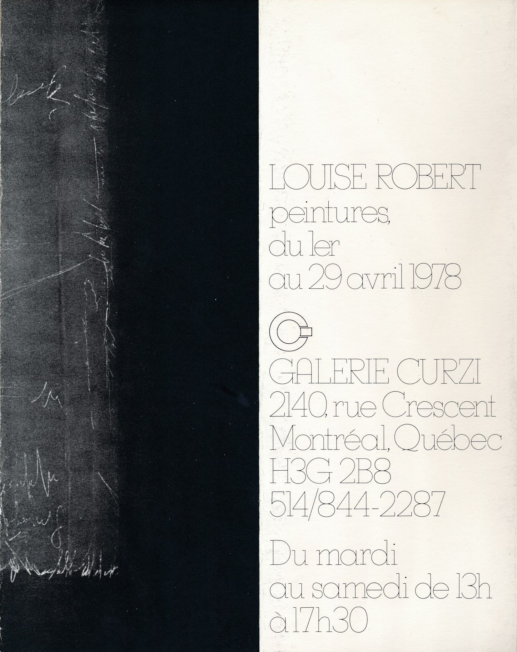 Carton d’invitation de l’exposition Louise Robert. Peintures, Galerie Curzi, Montréal, 1978.