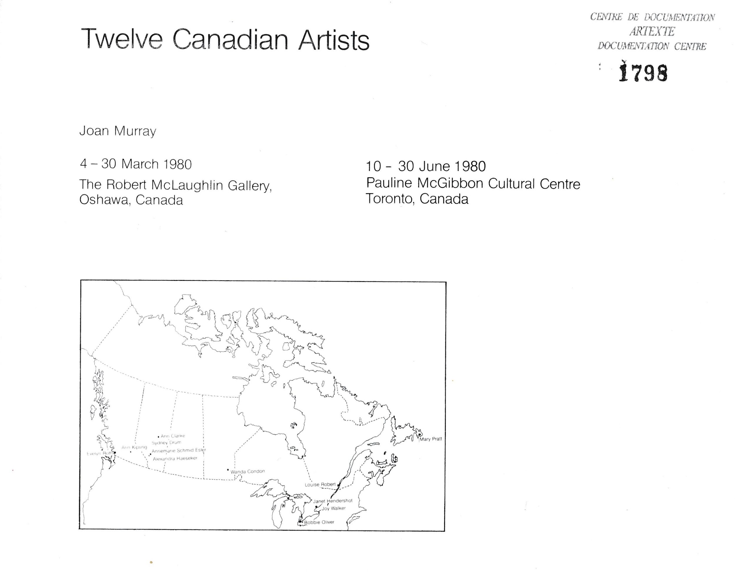 P. 1 du catalogue d’exposition Twelve Canadian Artists, Oshawa, The Robert McLaughlin Gallery, 1980.