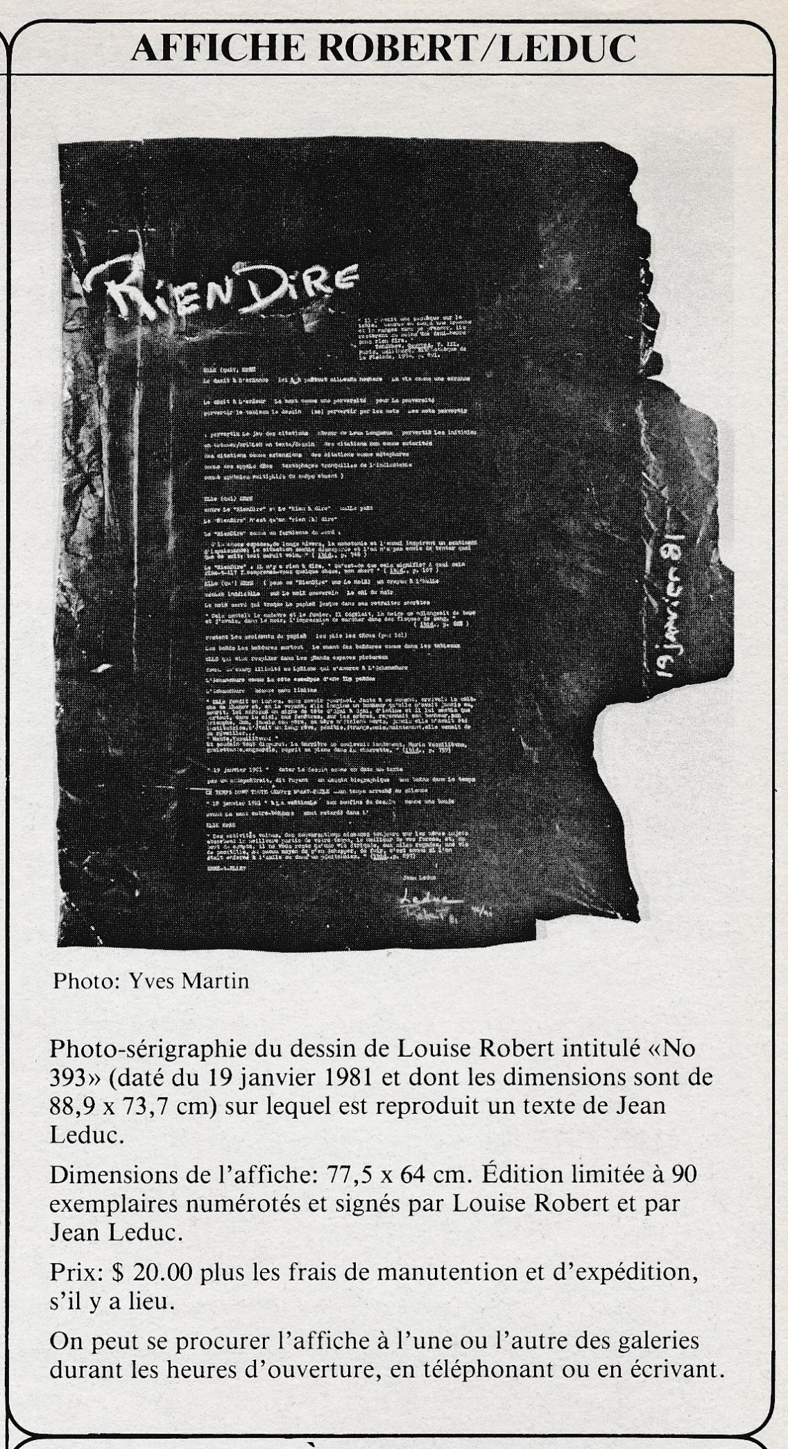 « Affiche Robert/Leduc » dans Bulletin de la Galerie Jolliet, n° 7 septembre 1981, p. 2.