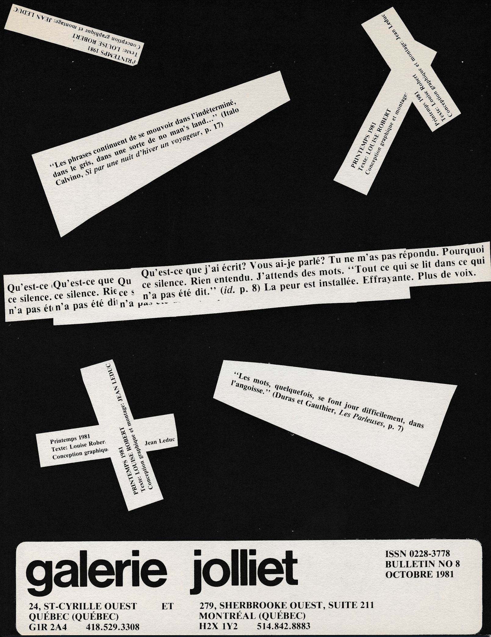 Page du numéro spécial conçu et réalisé par Louise Robert (texte) et Jean Leduc (graphisme) du Bulletin de la Galerie Jolliet, n° 8, octobre 1981.