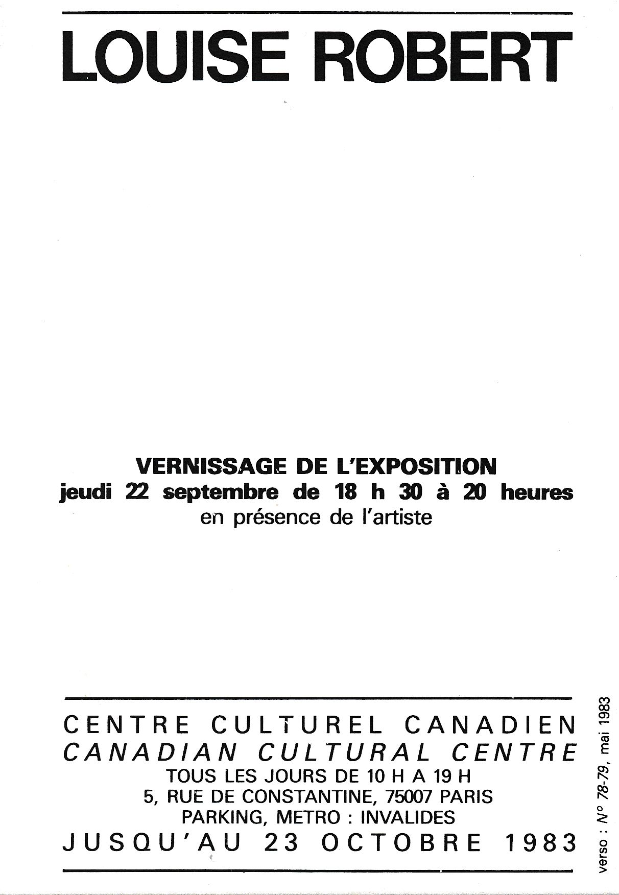 Carton d’invitation de l’exposition Louise Robert, Centre culturel canadien, Paris, France, 1983. Verso.