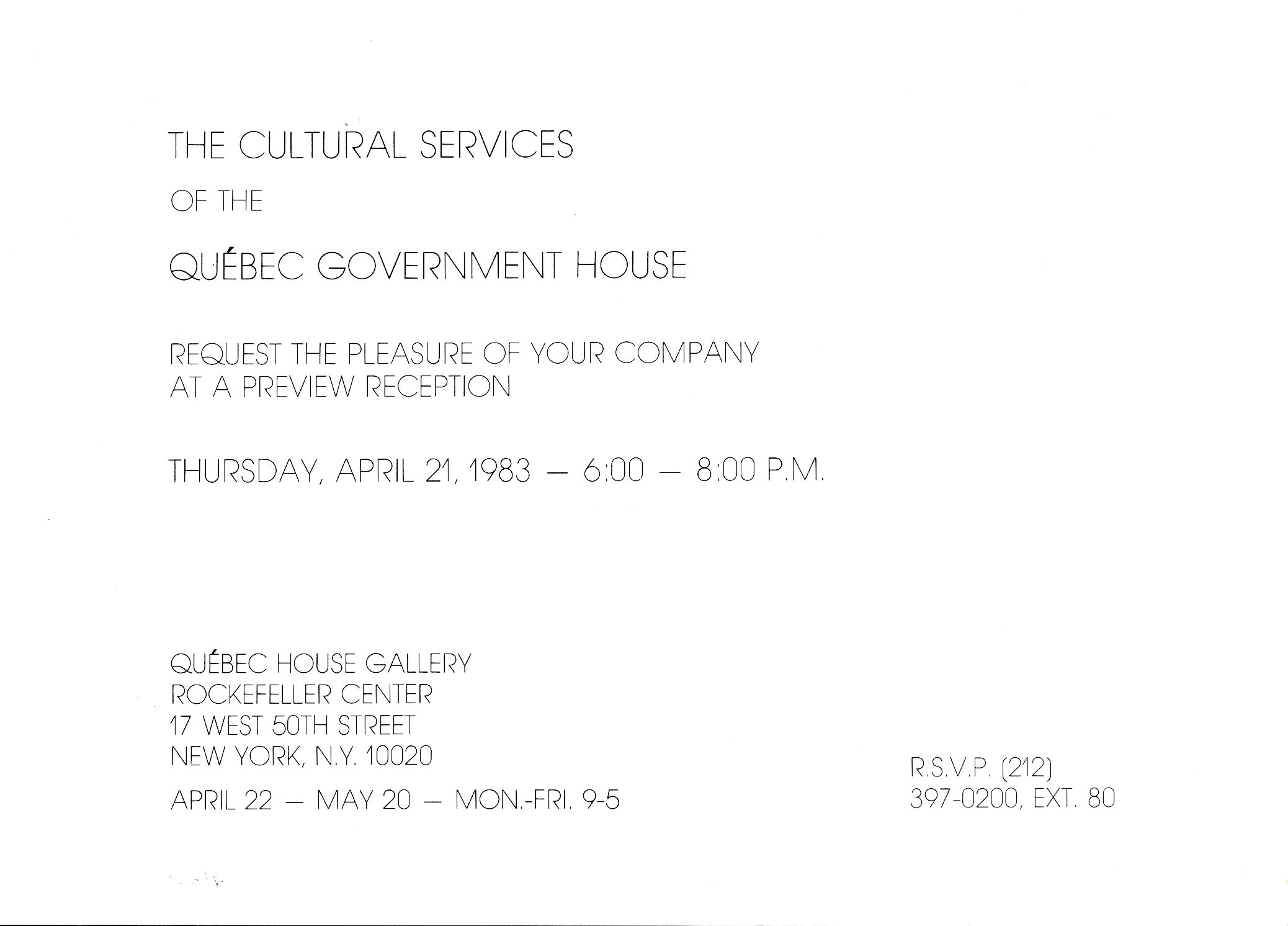 Carton d’invitation de l’exposition Louise Robert. Recent Works on Paper, Quebec House Gallery, Rockefeller Center, New York, 1983. Verso.