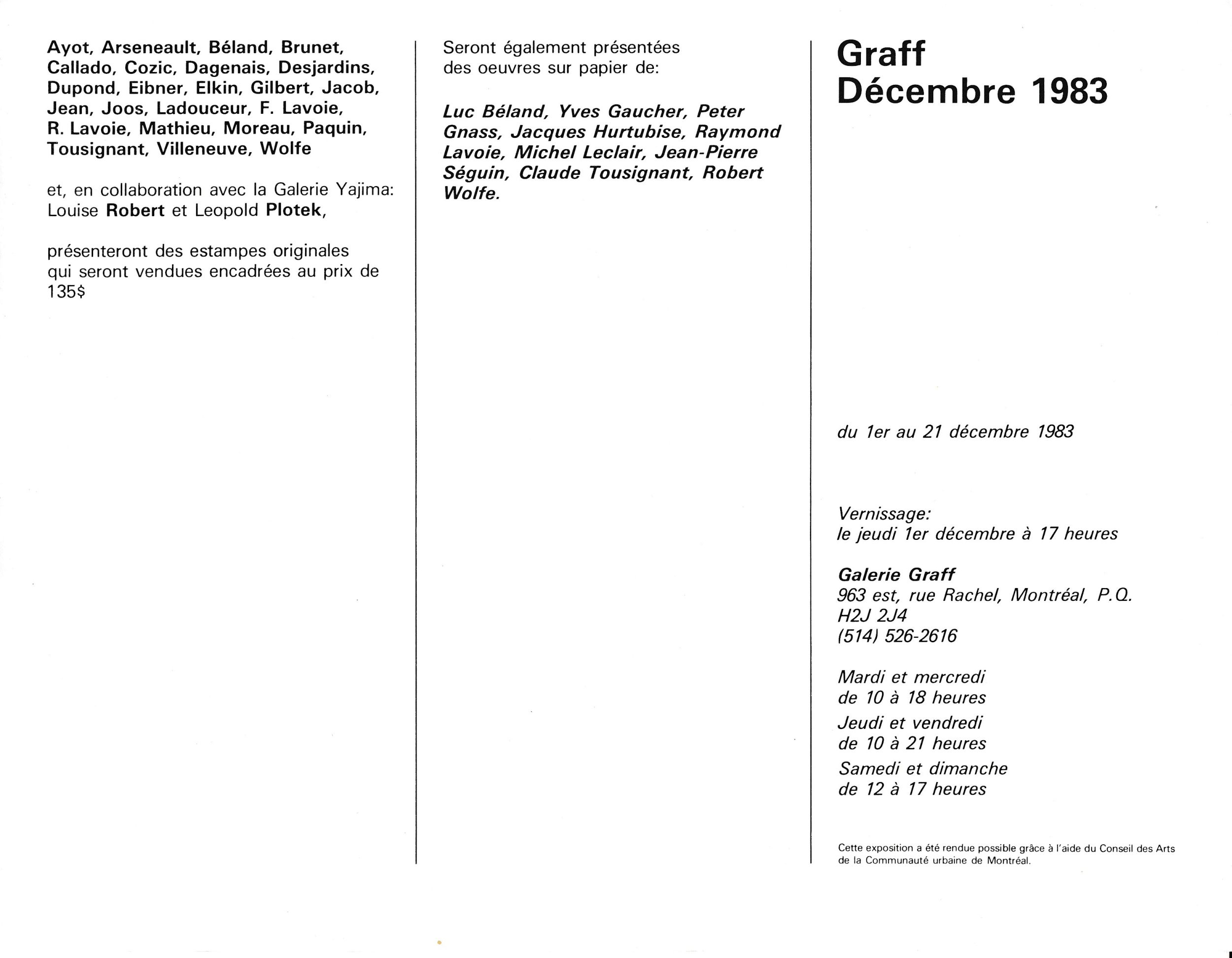 Carton d’invitation de l’exposition Graff. Décembre 1983, Galerie Graff, Montréal, 1983. Verso.
