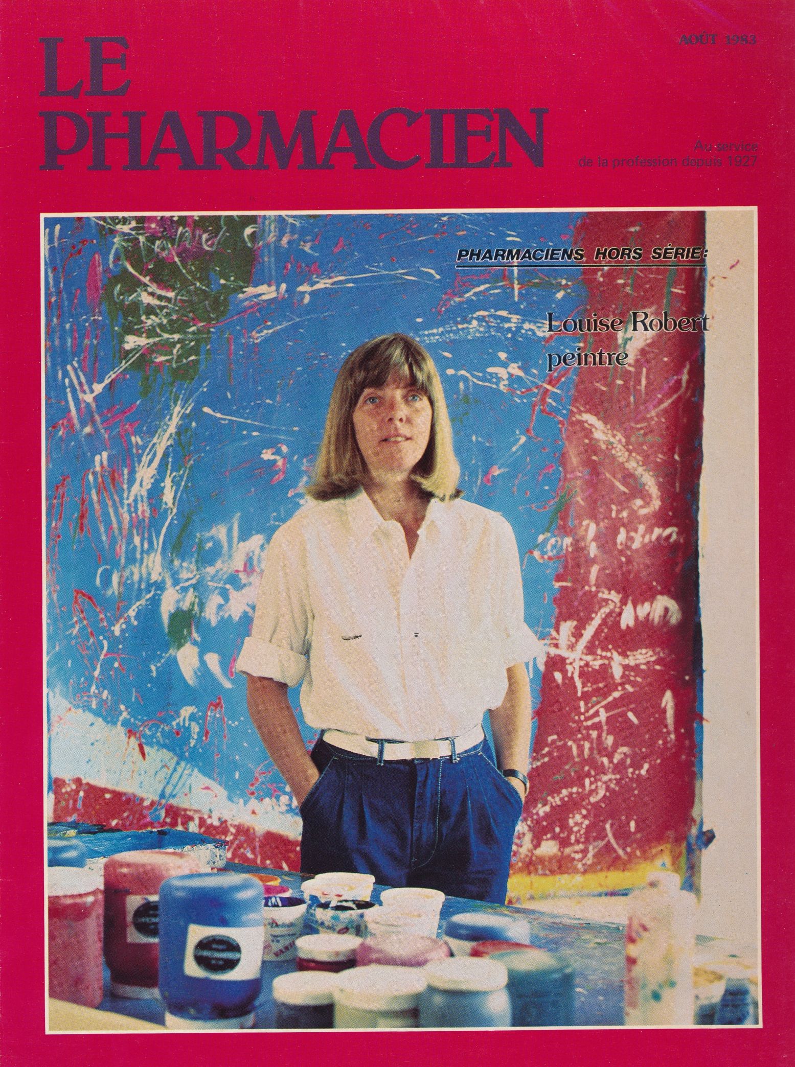 Couverture du périodique Le Pharmacien (Montréal), août 1983. Louise Robert dans son atelier du 4040 boul. Saint-Laurent, Montréal.