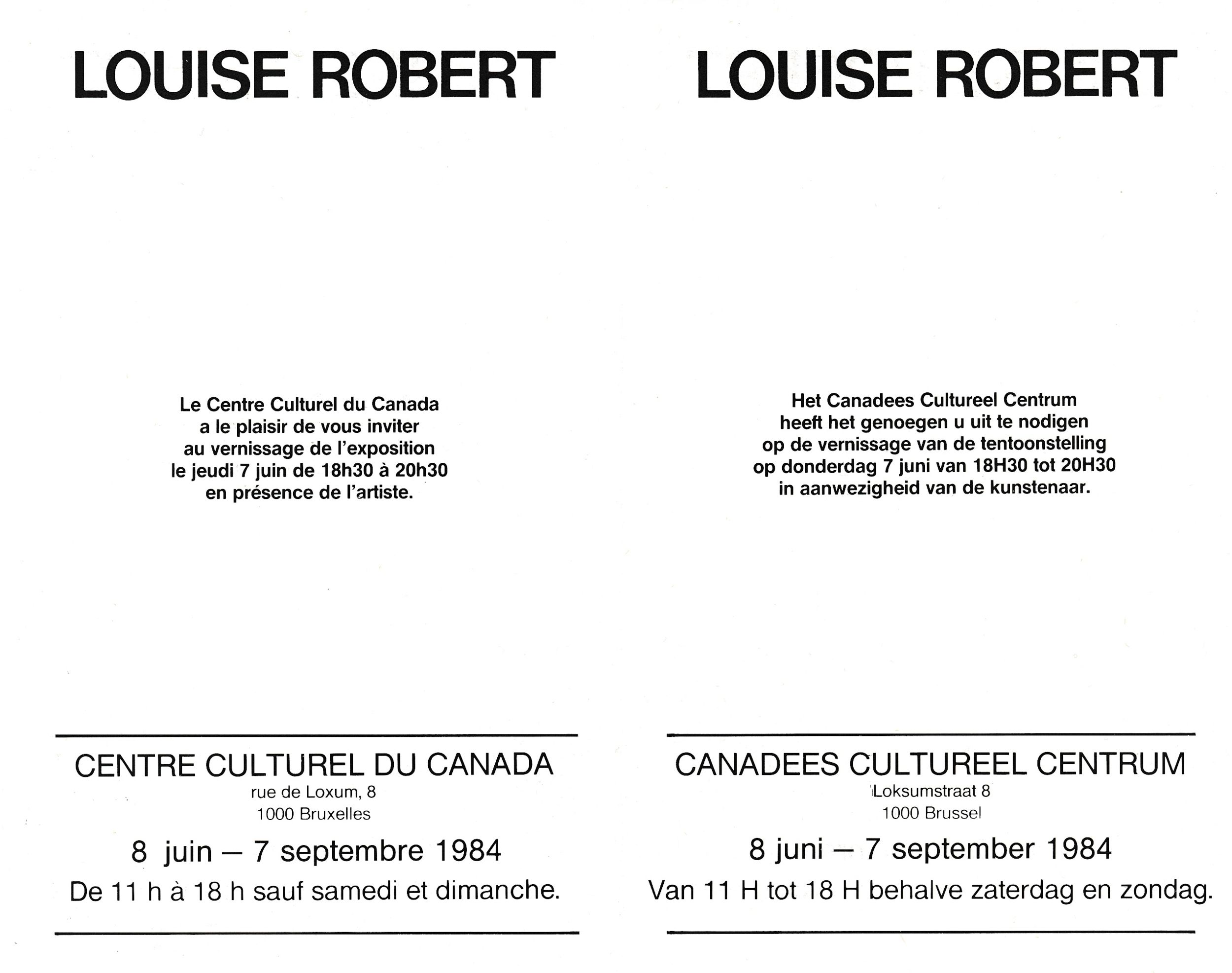 Carton d’invitation de l’exposition Louise Robert, Centre culturel canadien, Bruxelles, Belgique, 1984. Verso.