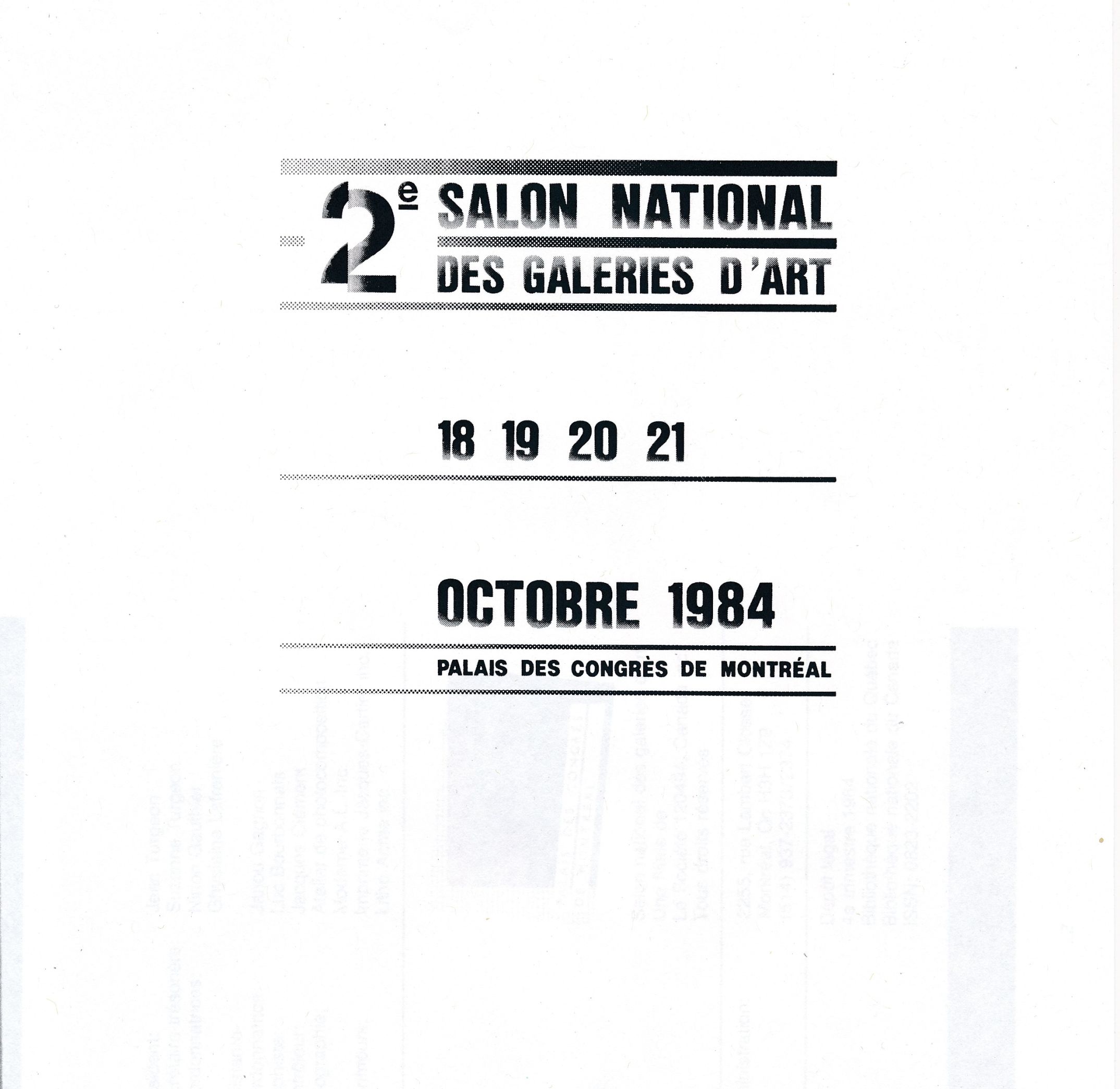 Couverture du catalogue du 2e Salon national des galeries d'art, Montréal, Salon national des galeries d’art, 1984.
