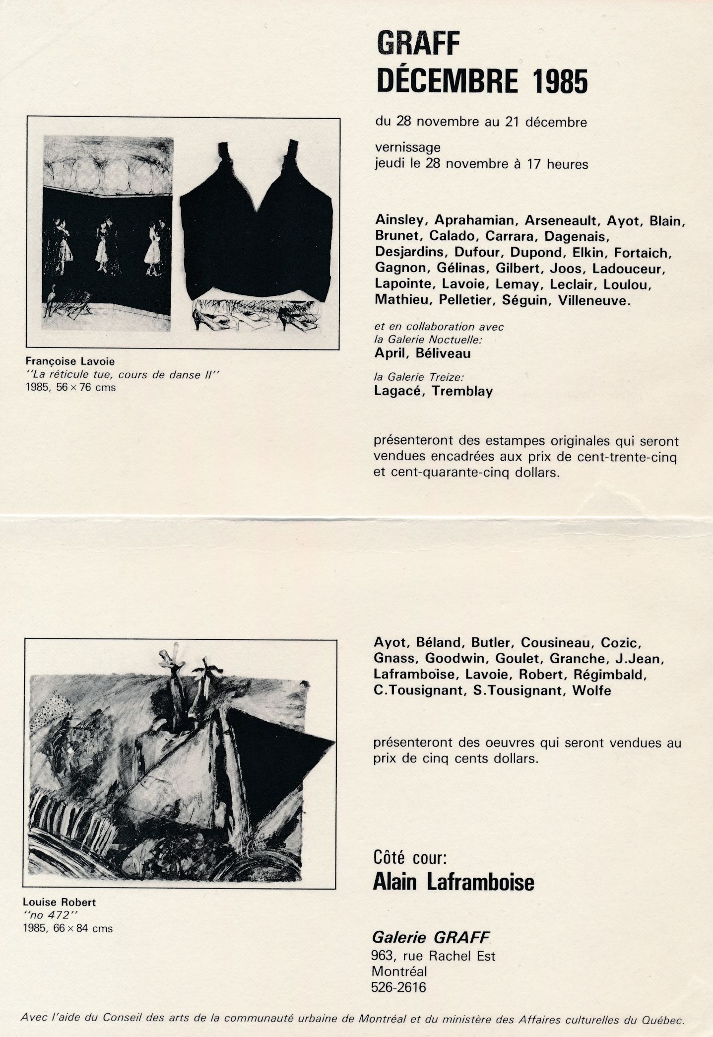 Carton d’invitation de l’exposition Graff. Décembre 1985, Galerie Graff, Montréal, 1985.