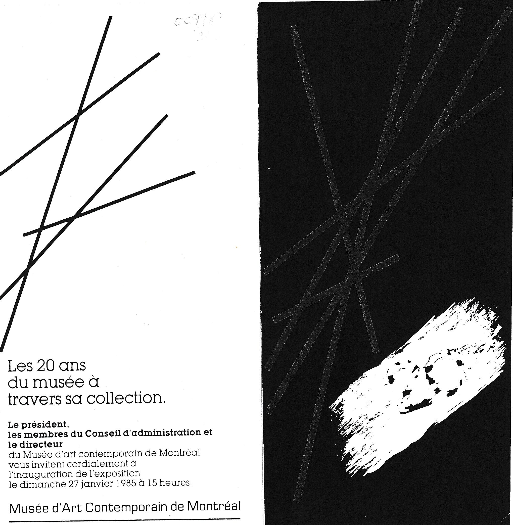 Carton d’invitation de l’exposition Les vingt ans du Musée à travers sa collection, Musée d'art contemporain de Montréal, 1985.