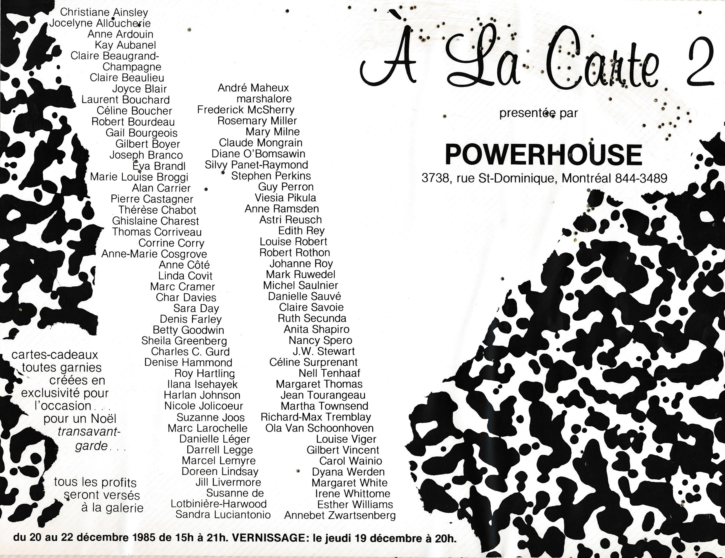 Carton d’invitation de l’exposition À La Carte 2, Galerie Powerhouse, Montréal, 1985.
