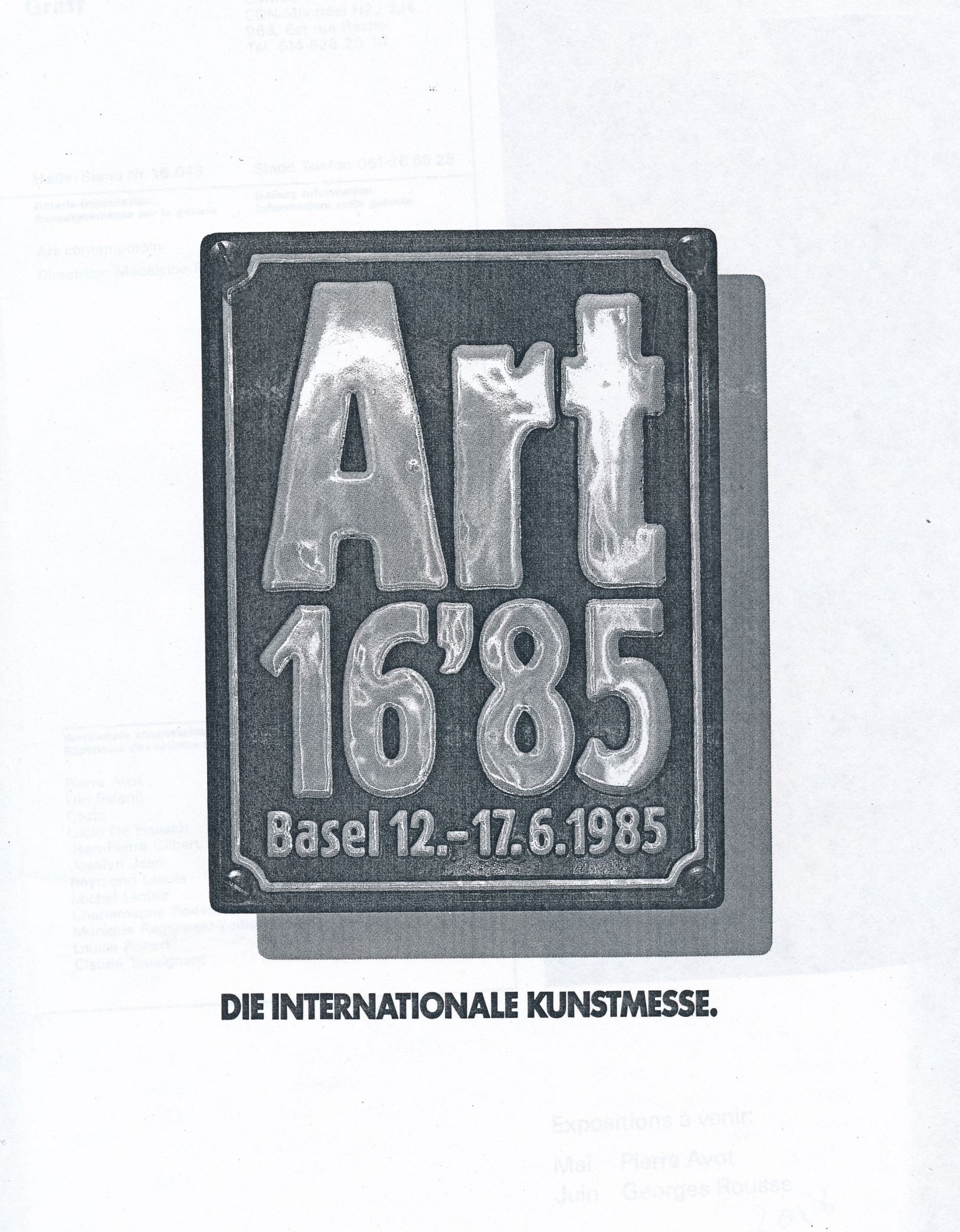 Couverture du catalogue d’exposition Art 16’85 Basel 12.-17.6.1985. Die Internationale Kunstmesse, 1985.