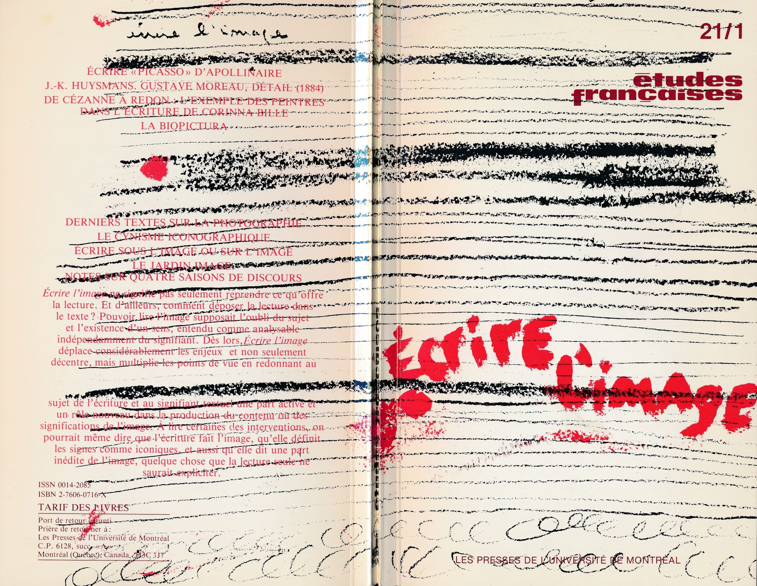 Couverture et 4ième de couverture du périodique Études françaises (Montréal), vol. 21, n° 1, printemps, 1985.