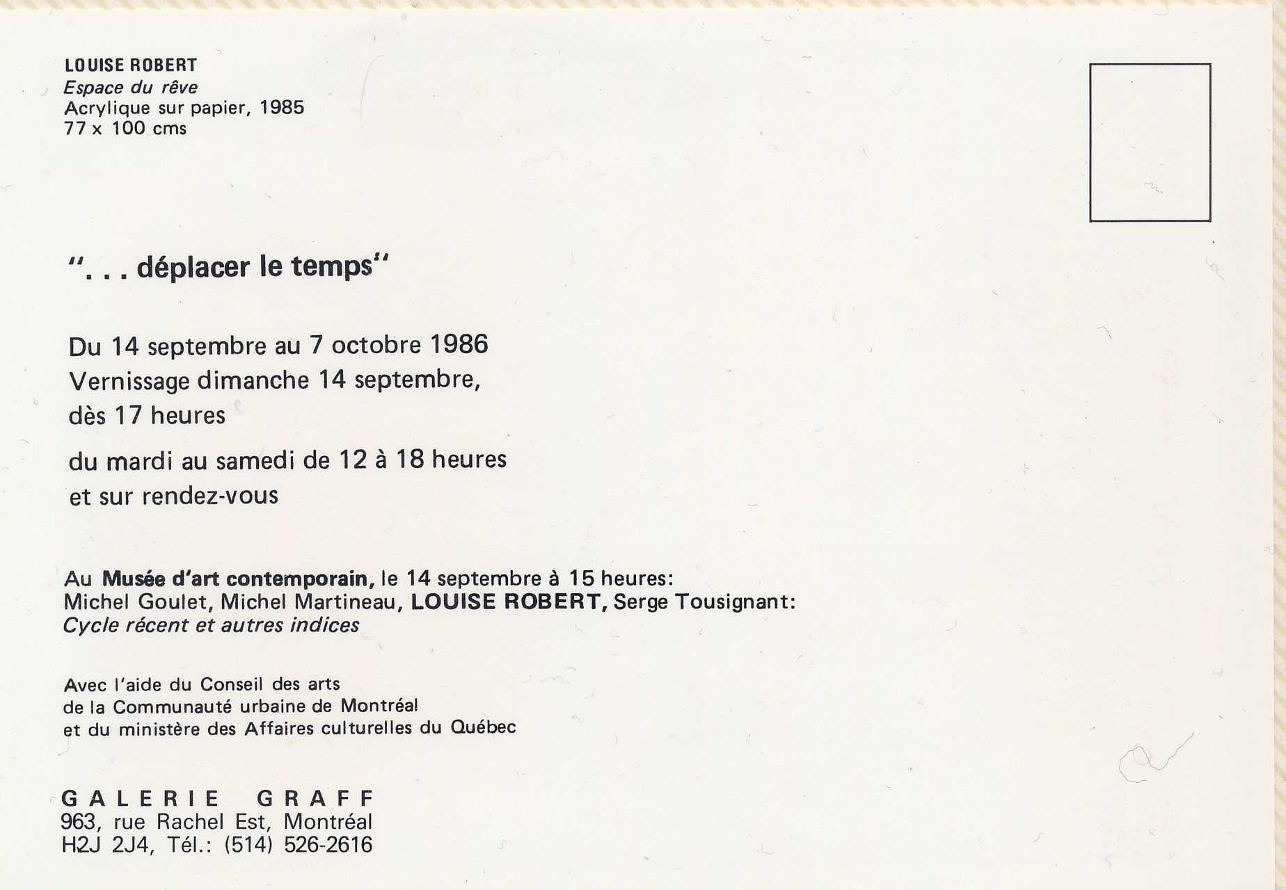 Carton d’invitation de l’exposition - "...déplacer le temps", Galerie Graff, Montréal, 1986. Verso.