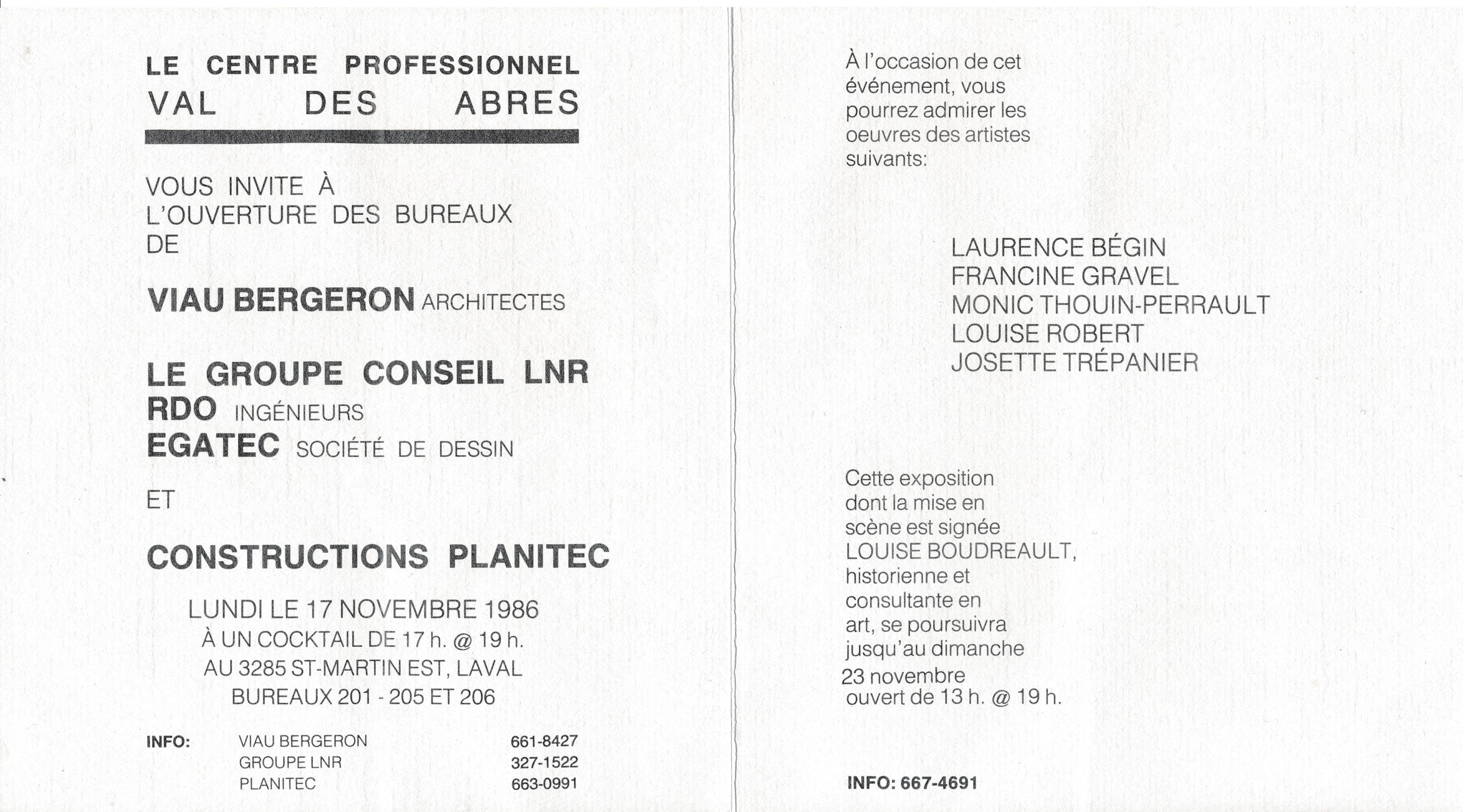 Carton d’invitation de l’exposition [Espaces réservés], Le Centre professionnel Val des Arbres, Laval, 1986. Verso.