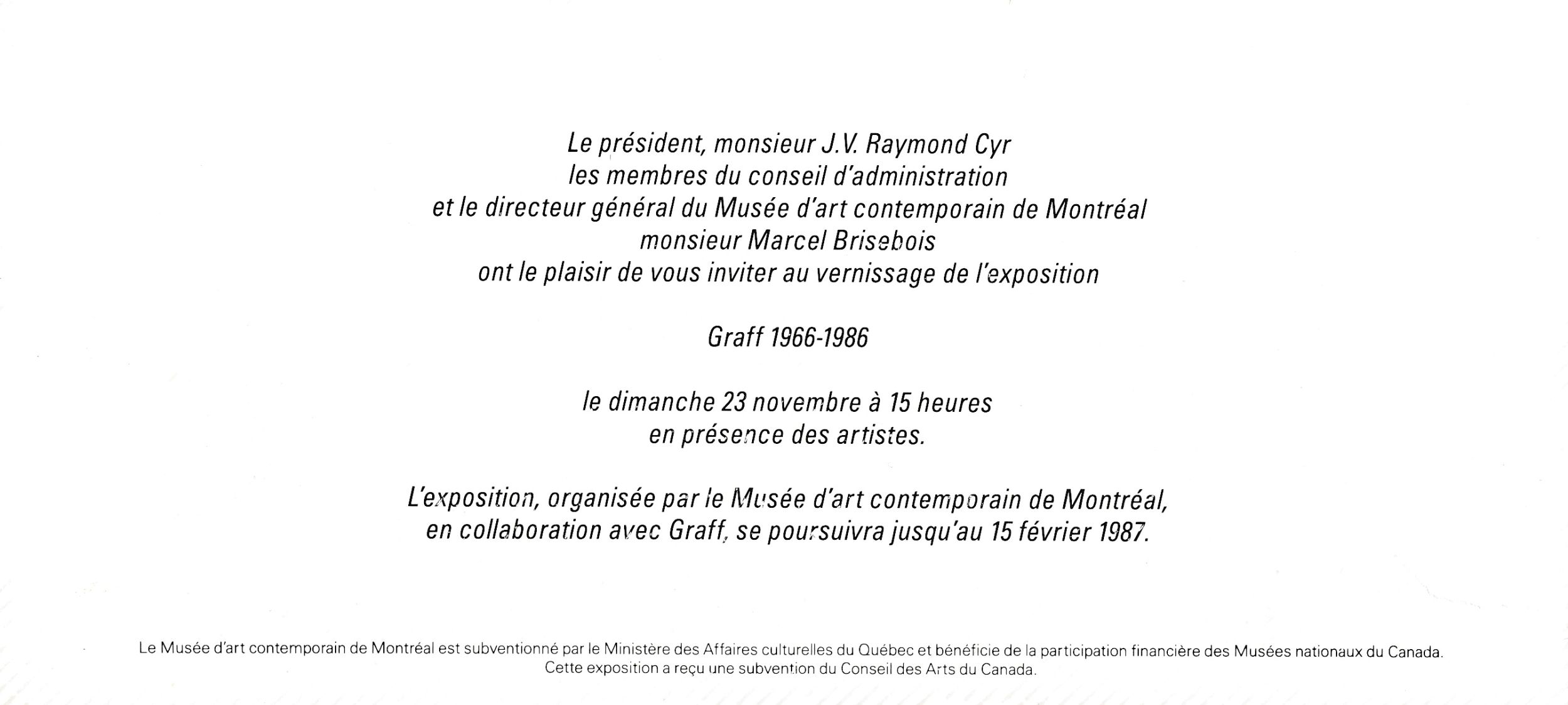 Carton d’invitation de l’exposition Graff 1966-1986, Musée d'art contemporain de Montréal, 1986. Verso.