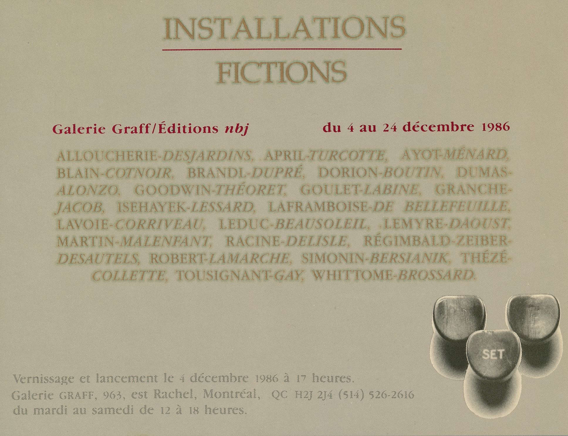 Carton d’invitation de l’exposition Installations/Fictions, Galerie Graff, Montréal, 1986. Verso.