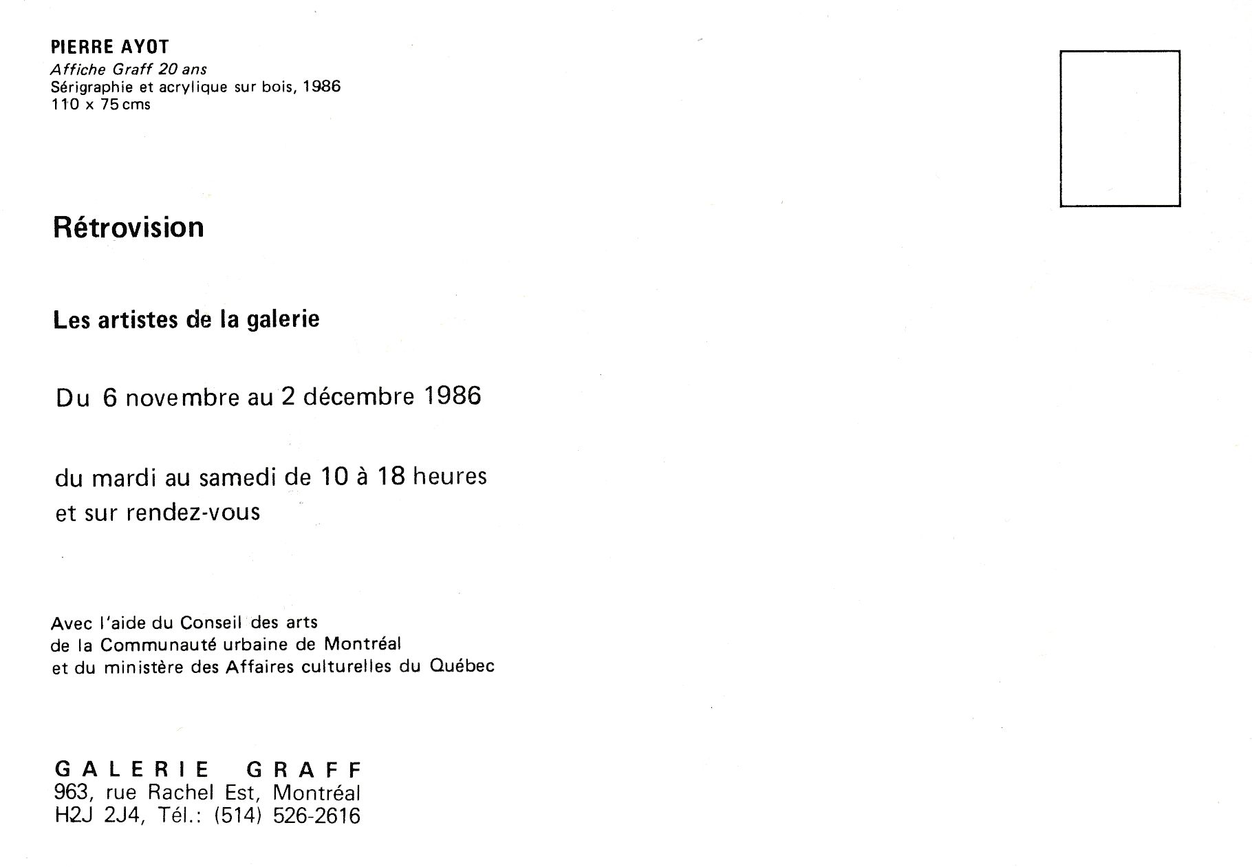 Carton d’invitation de l’exposition Rétrovision. Les artistes de la Galerie, Galerie Graff, Montréal, 1986. Verso.