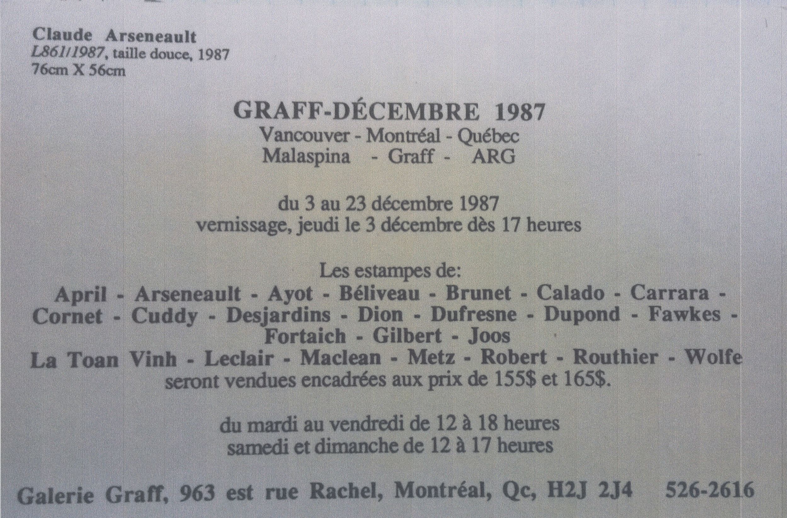 Carton d’invitation de l’exposition Graff – Décembre 1987 – Estampes, Galerie Graff, Montréal, 1987. Verso.