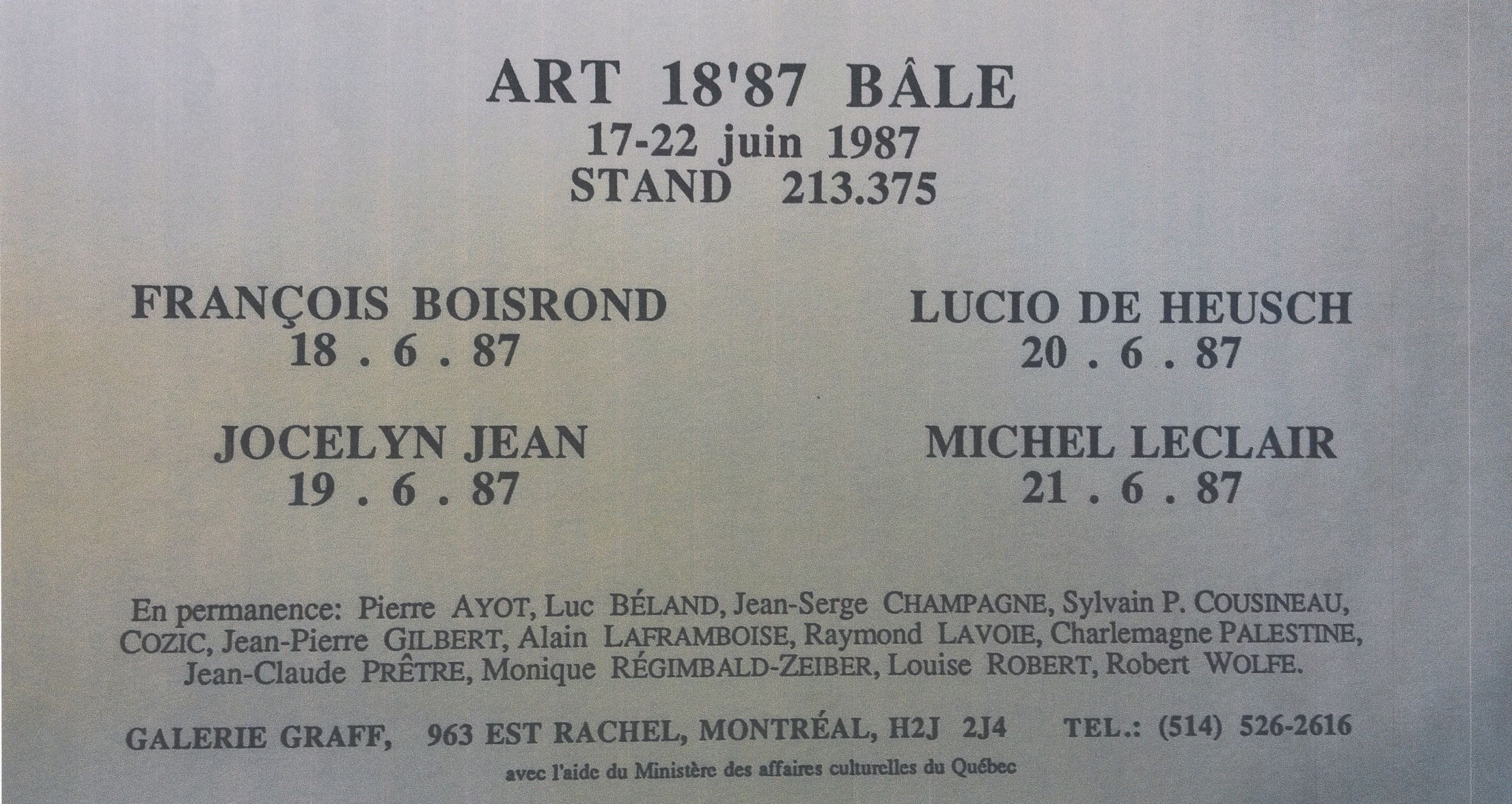 Carton d’invitation de l’exposition Art 18'87, Foire internationale de Bâle, Espace 213.375-Galerie Graff, Bâle, Suisse, 1987.