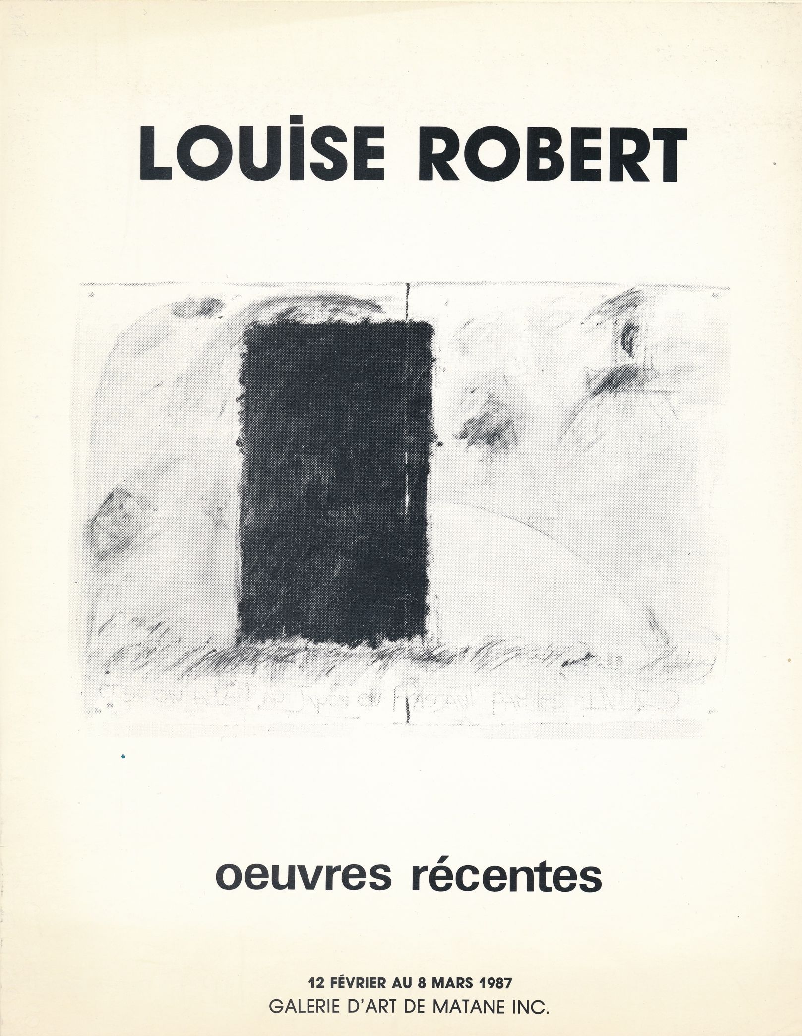 Couverture de l’opuscule d’exposition Louise Robert. Œuvres récentes, Matane, La Galerie d’art de Matane, 1987.