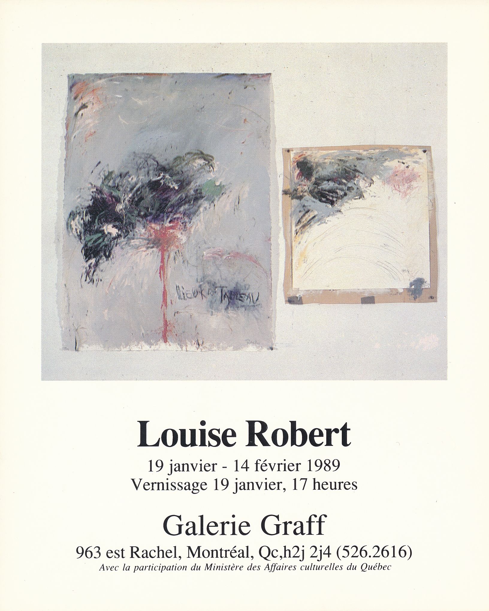 Carton d’invitation et liste d’œuvres de l’exposition Louise Robert. Œuvres récentes, Galerie Graff, Montréal, 1989.