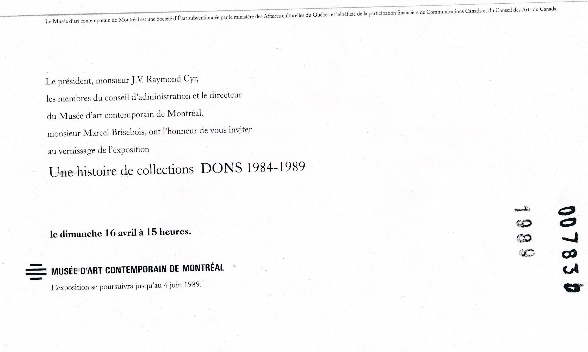 Carton d’invitation de l’exposition Une histoire de collections. Dons 1984-1989, Musée d'art contemporain de Montréal, 1989. Verso.