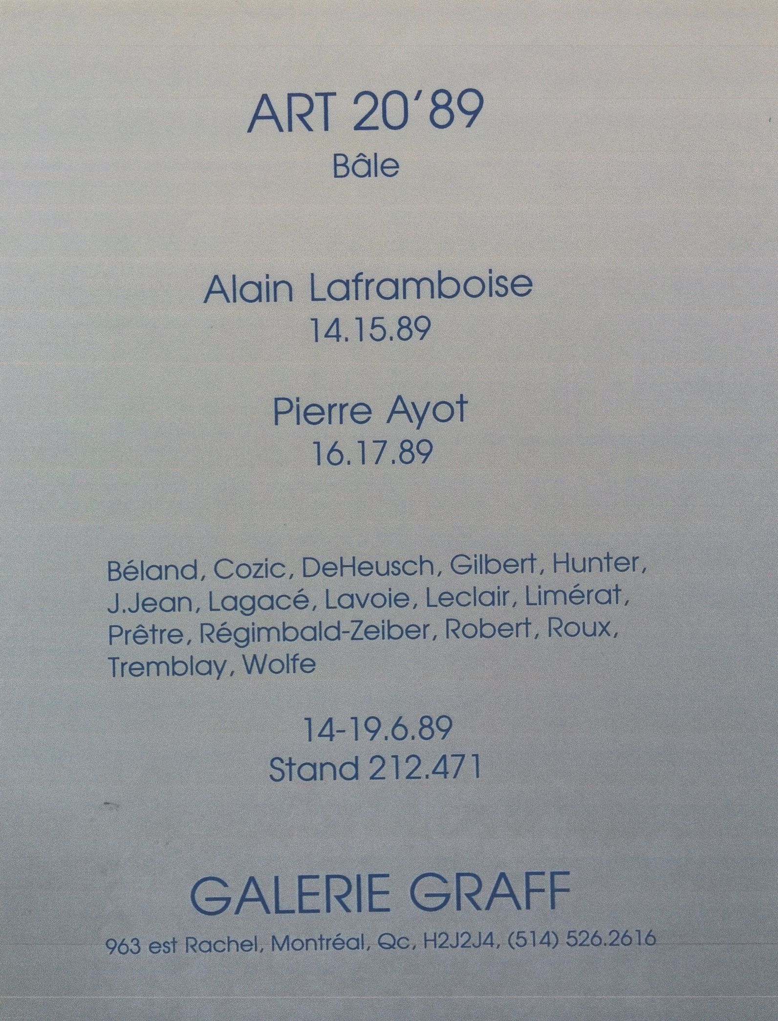 Carton d’invitation de l’exposition Art 20'89, Foire internationale de Bâle, Espace 212.471-Galerie Graff, Bâle, Suisse, 1989.