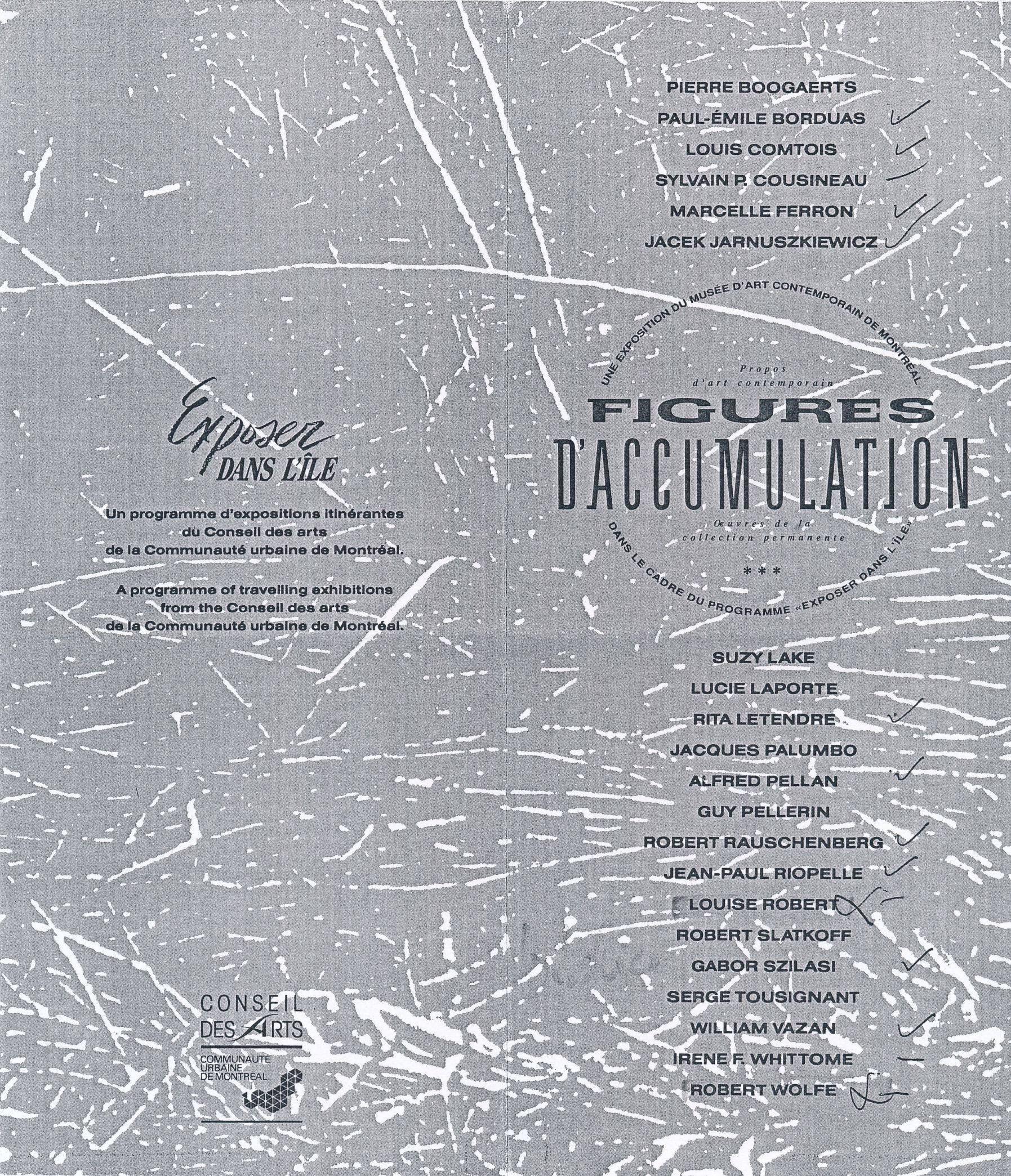 Carton d’invitation de l’exposition Propos d'art contemporain : figures d'accumulation. Œuvres de la collection permanente, Galerie d’art Stewart Hall, Montréal, 1989.