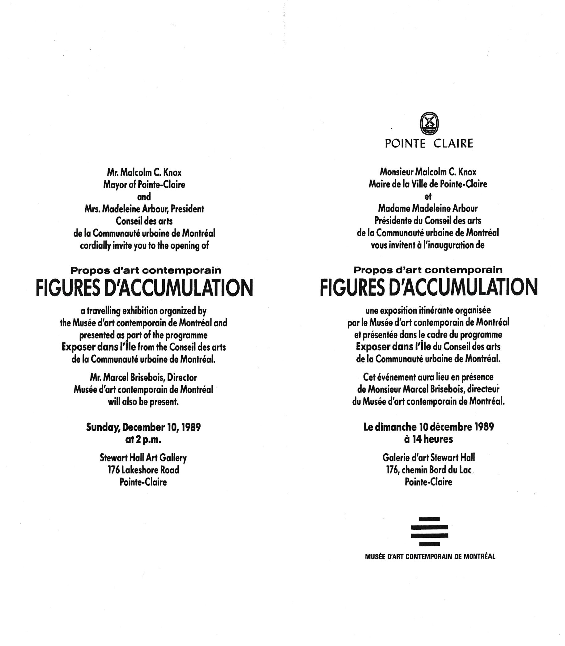 Carton d’invitation de l’exposition Propos d'art contemporain : figures d'accumulation. Œuvres de la collection permanente, Galerie d’art Stewart Hall, Montréal, 1989. Verso.