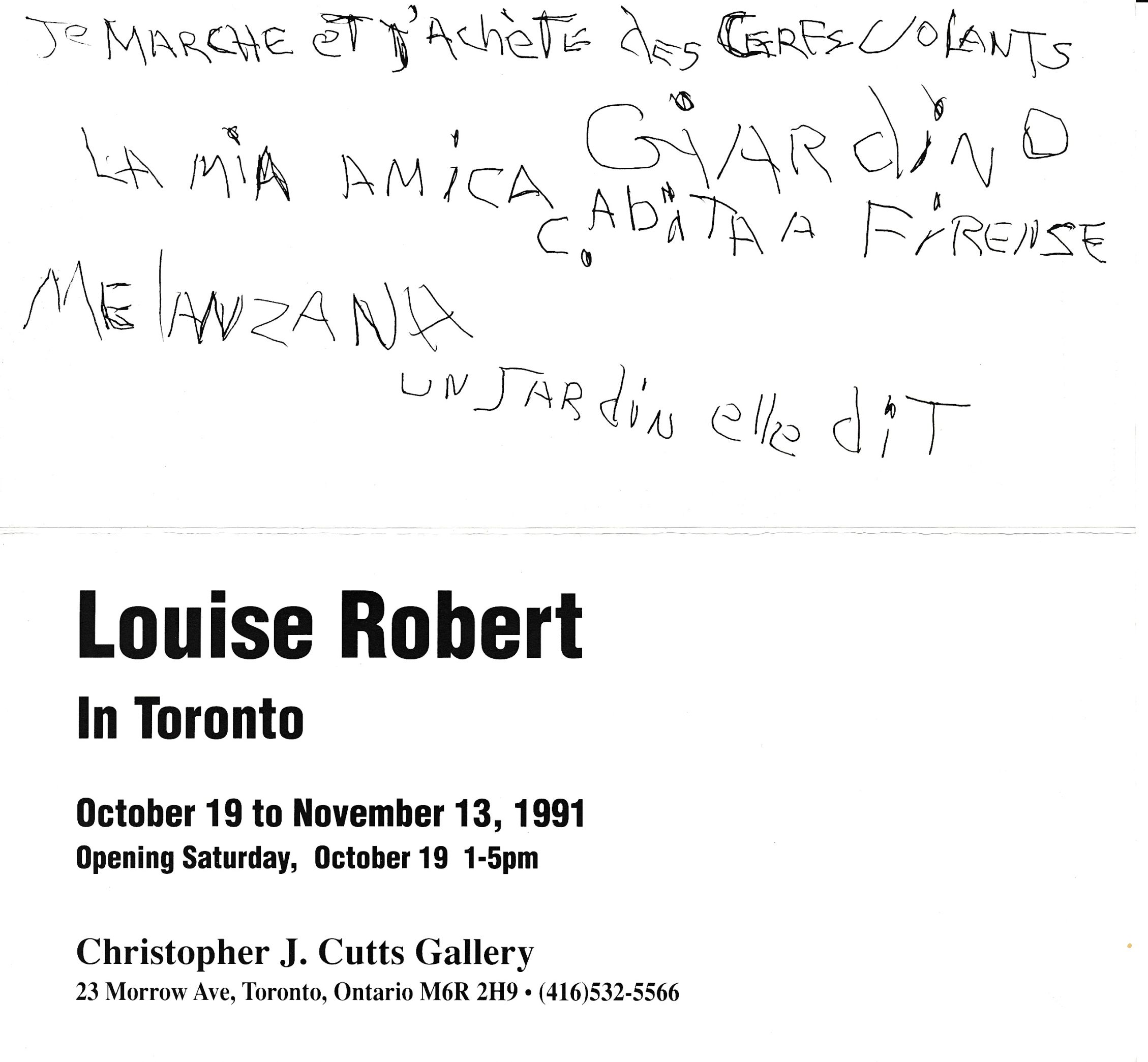 Carton d’invitation de l’exposition Louise Robert in Toronto, Christopher Cutts Gallery, Toronto, Ontario, 1991. Verso.