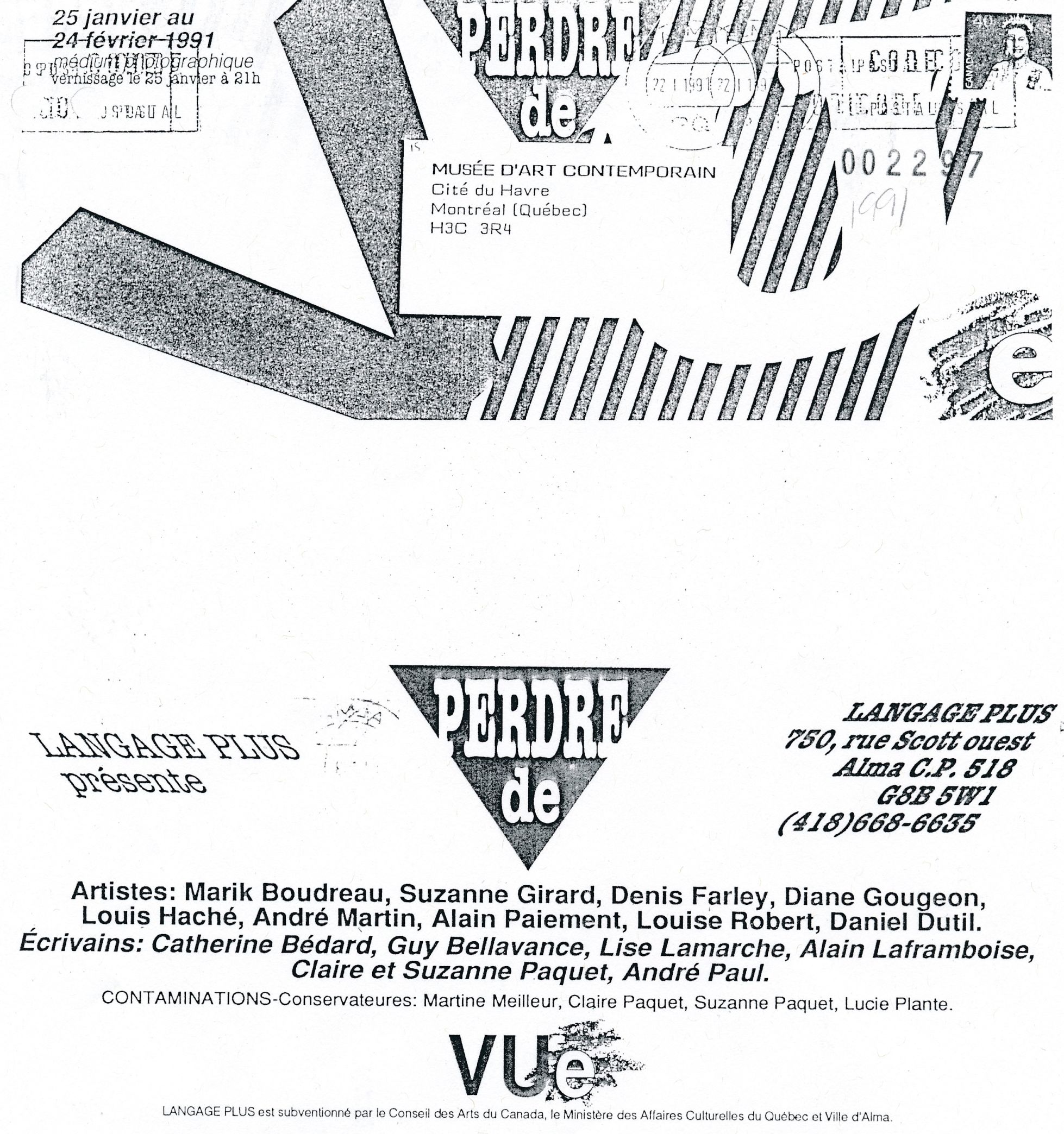 Carton d’invitation de l’exposition Perdre de vue, Langage Plus, Alma, 1991.