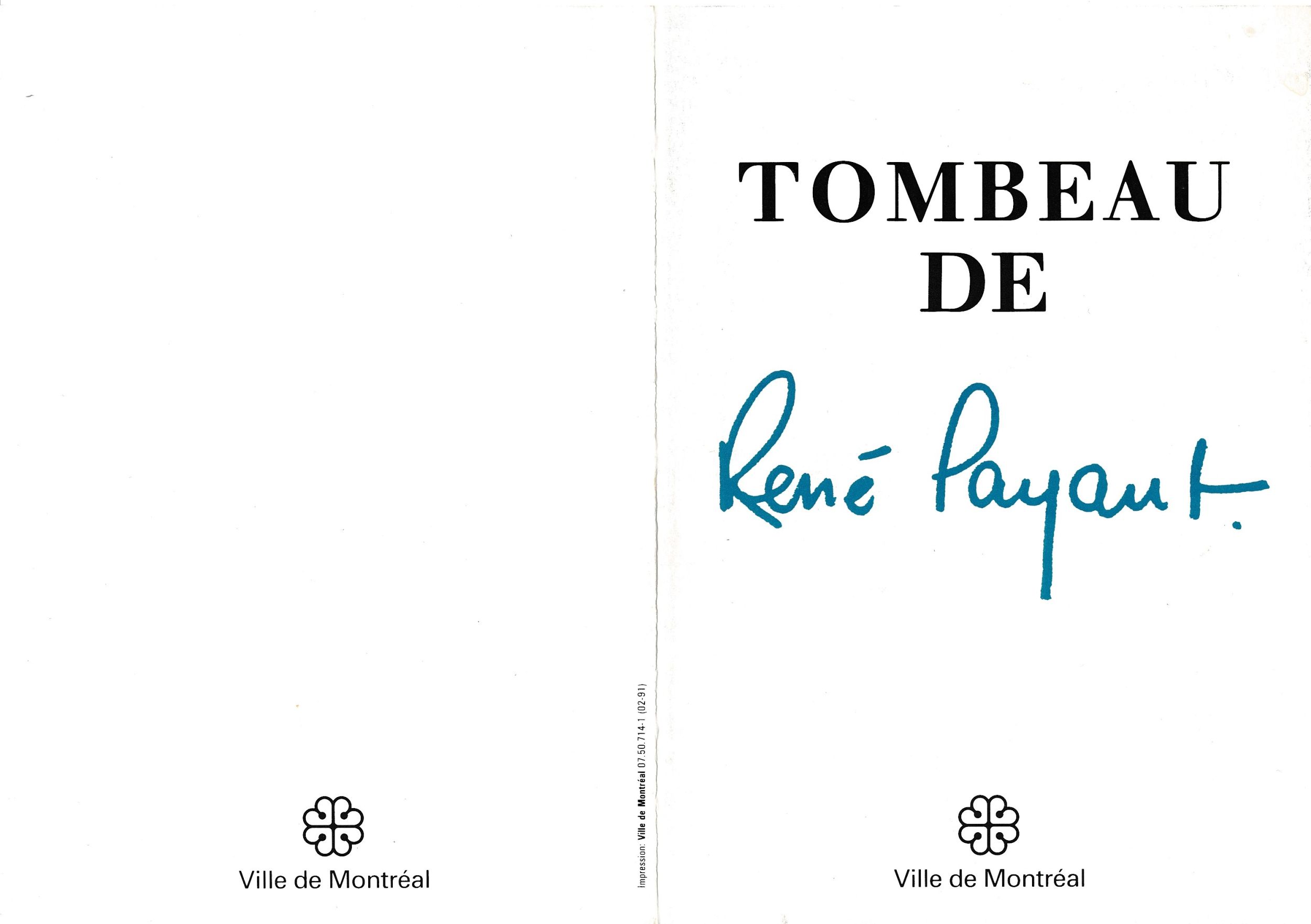 Carton d’invitation de l’exposition Tombeau de René Payant, Maison de la culture Côte-des-Neiges, Montréal, 1991. Recto.