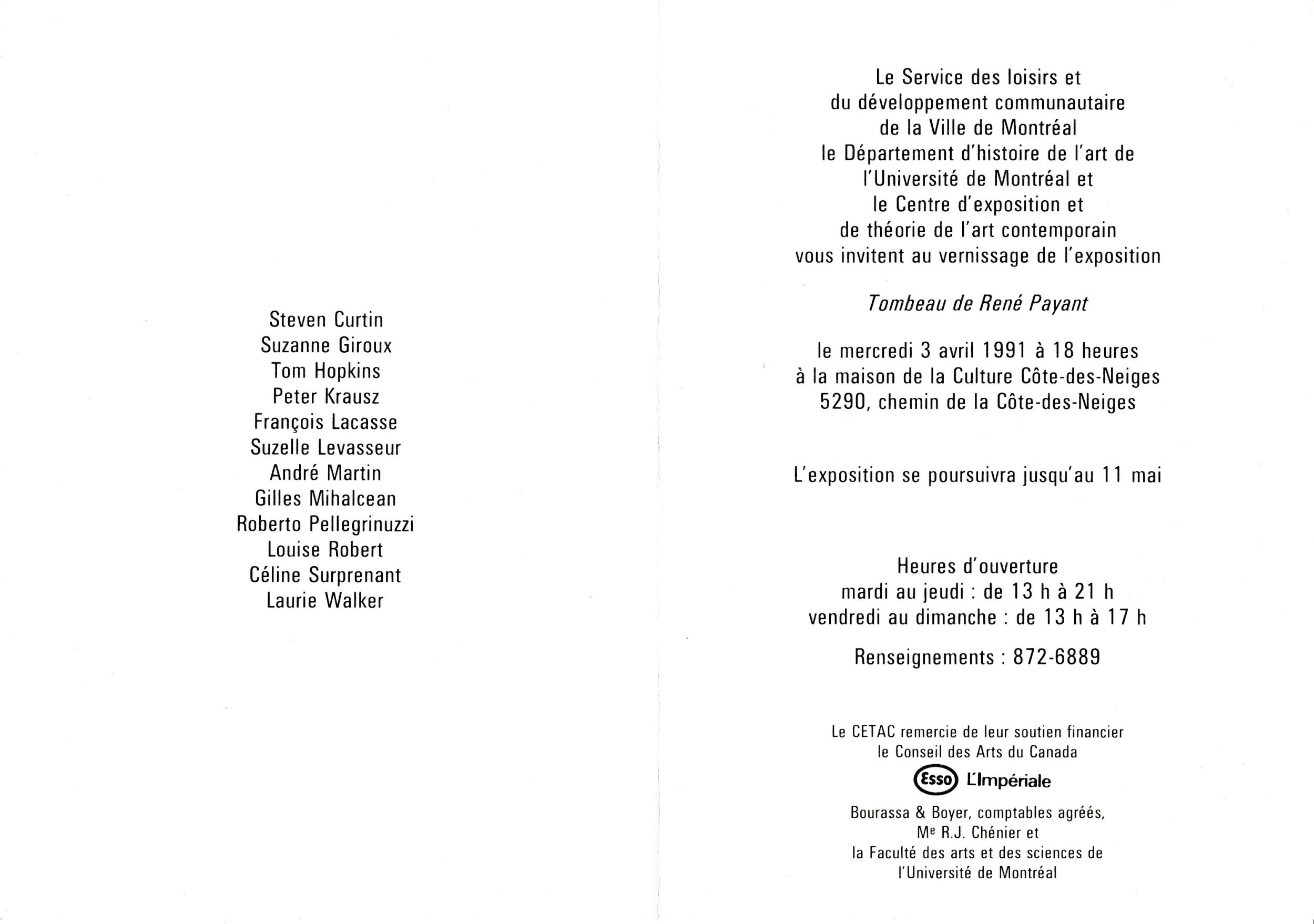 Carton d’invitation de l’exposition Tombeau de René Payant, Maison de la culture Côte-des-Neiges, Montréal, 1991. Verso.
