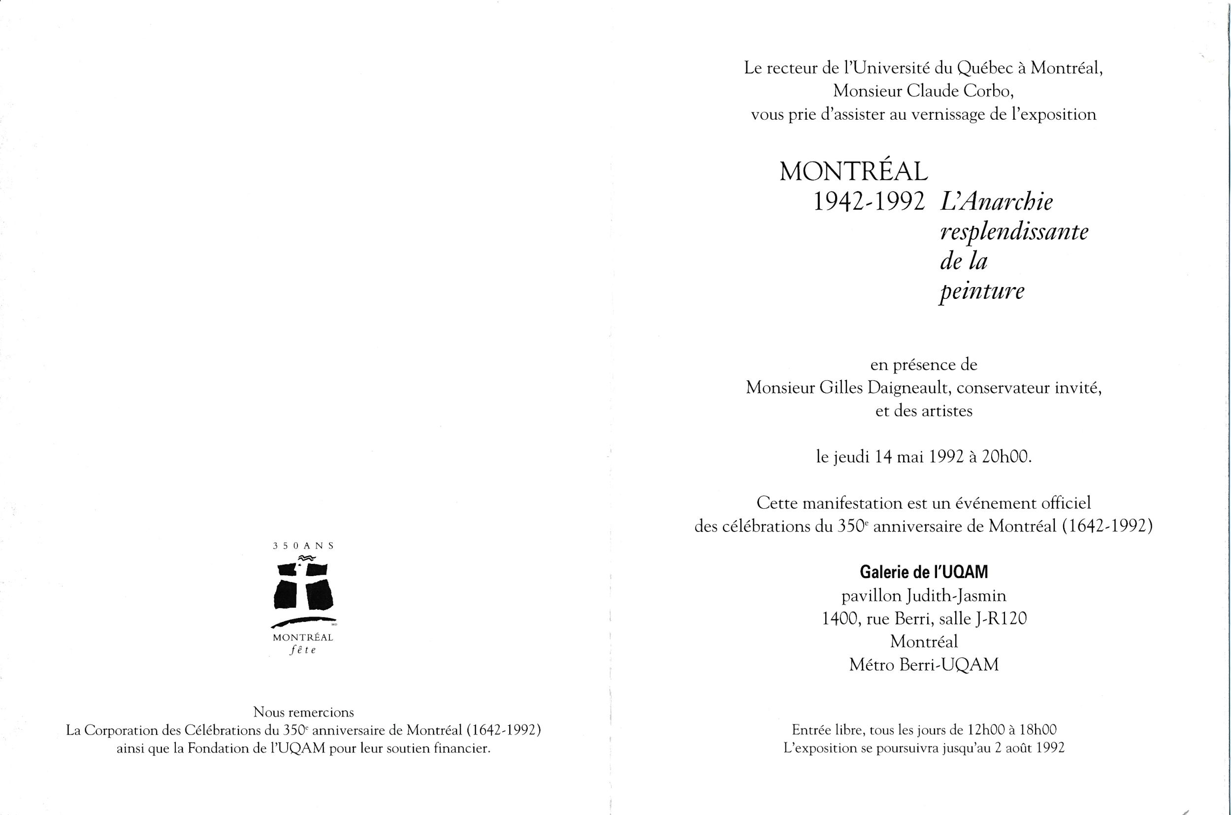 Carton d’invitation de l’exposition Montréal 1942-1992. L'Anarchie resplendissante de la peinture, Galerie de l'UQAM, Montréal, 1992. Verso.