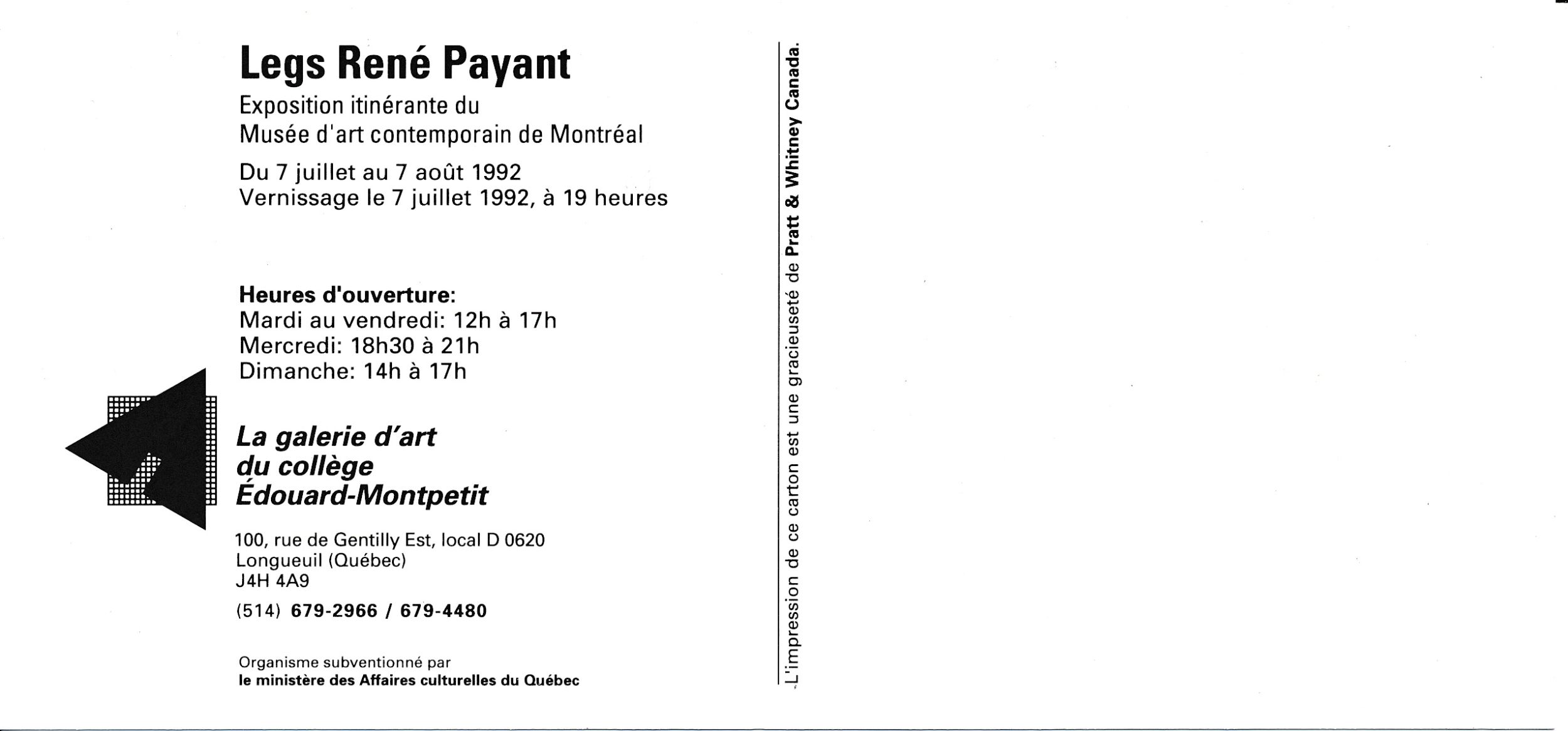 Carton d’invitation de l’exposition Legs René Payant. Carton d’invitation de l’exposition Legs René Payant. Verso.