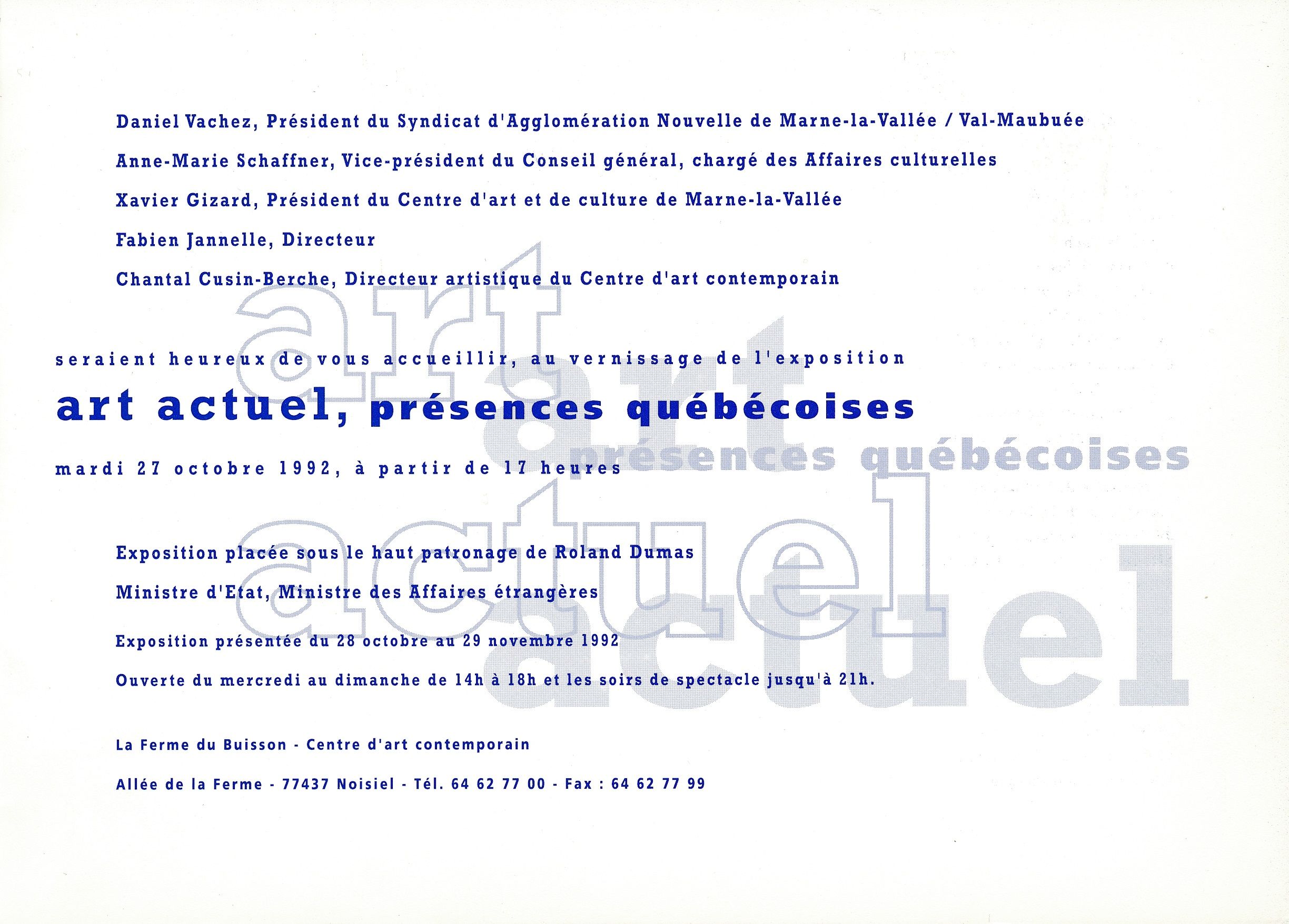 Carton d'invitation de l’exposition - Art actuel. Présences québécoises, Château de Biron, Biron, Dordogne, France, 4 juillet-11 octobre. Intérieur 2.