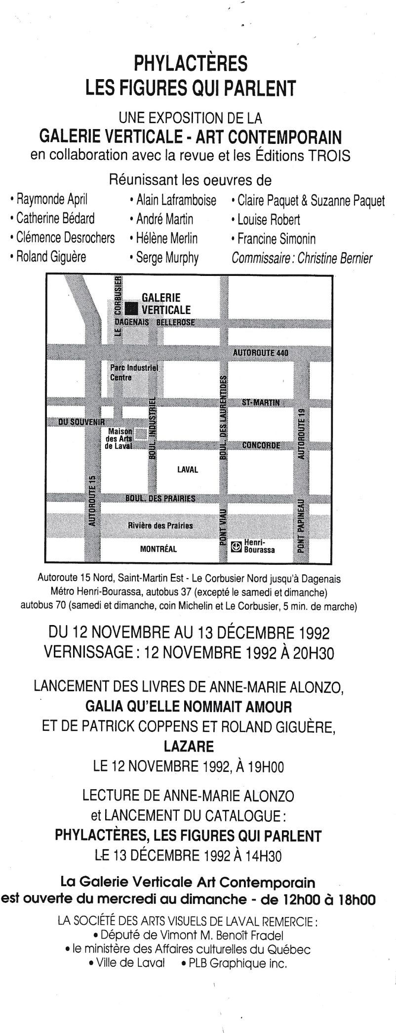 Carton d’invitation de l’exposition Phylactères. Les figures qui parlent, Galerie Verticale Art contemporain, Laval, 1992. Verso.