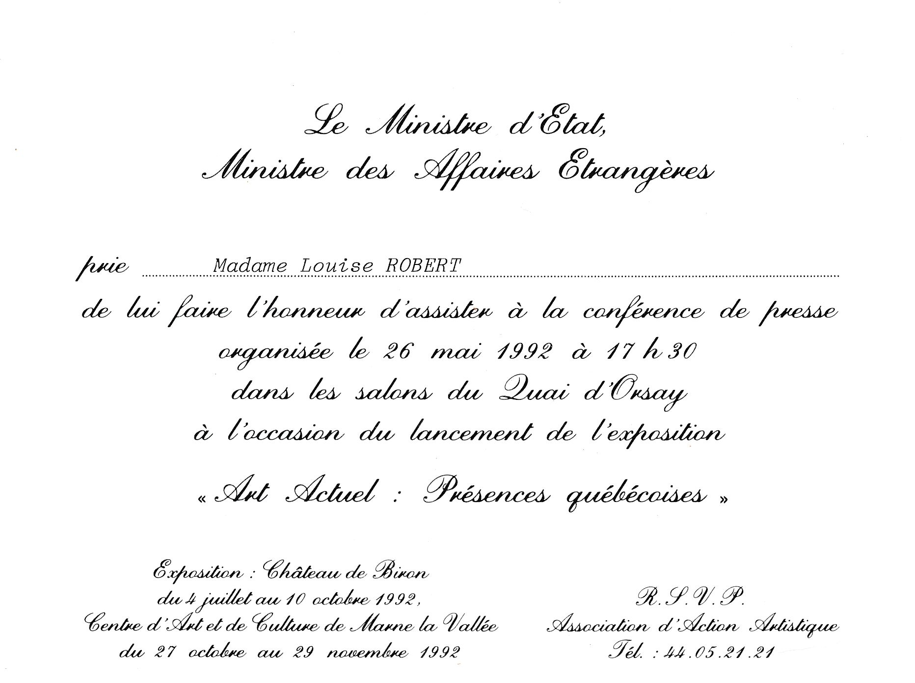 Invitation au Quai d’Orsay, Paris, pour la conférence de presse à l’occasion du lancement de l’exposition Art actuel. Présences québécoises, le 26 mai 1992.
