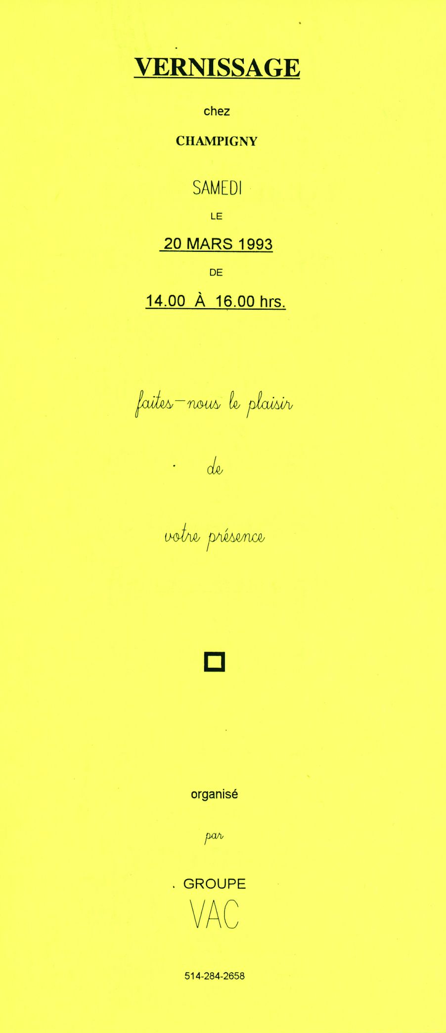 Carton d’invitation de l’exposition Groupe '93, Librairie Champigny, Montréal, 1993. Verso.