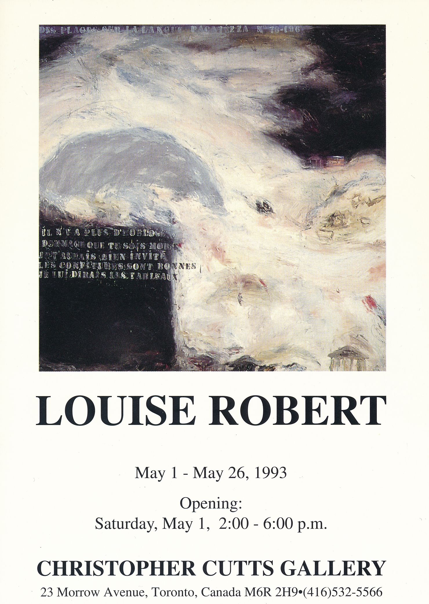 Carton d’invitation de l’exposition Louise Robert, Christopher Cutts Gallery, Toronto, Ontario, 1993.